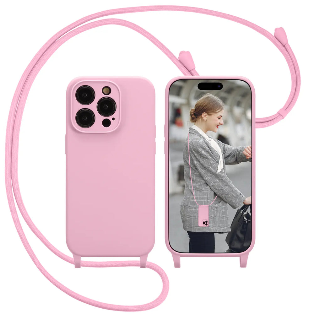 Rosa Silikonhülle mit Kordel für iPhone 13 Pro Max, Kameraschutz, Vorder- und Rückansicht.