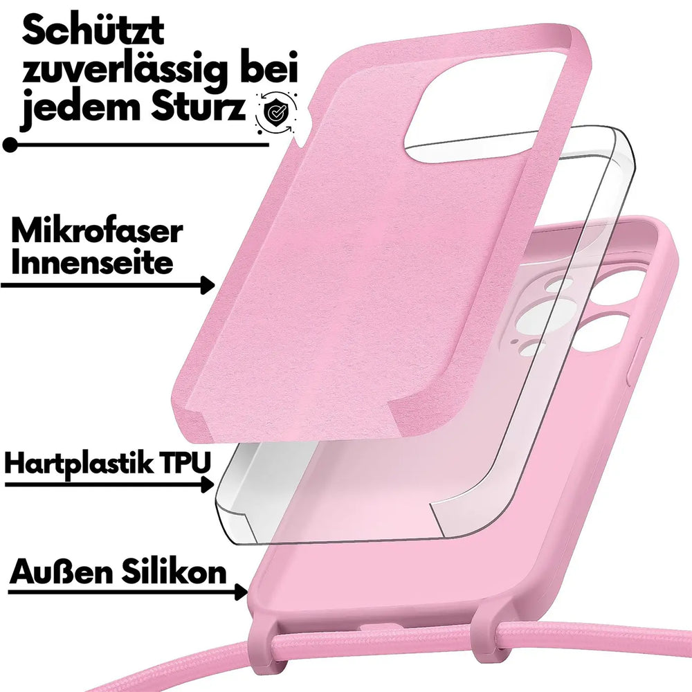 Rosa Handyhülle aus Silikon, TPU & Mikrofaser für iPhone 13 Pro, Schichtaufbau.
