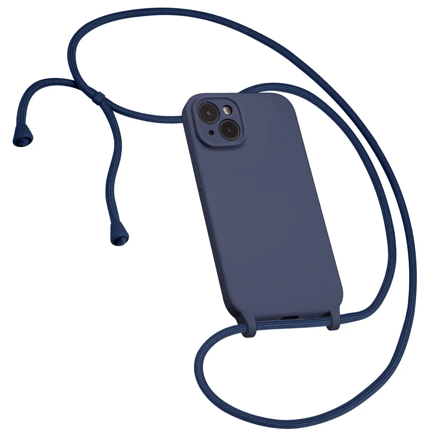 Dunkelblaues iPhone 14 Case mit Kameraschutz und Lanyard, von oben schräg fotografiert.