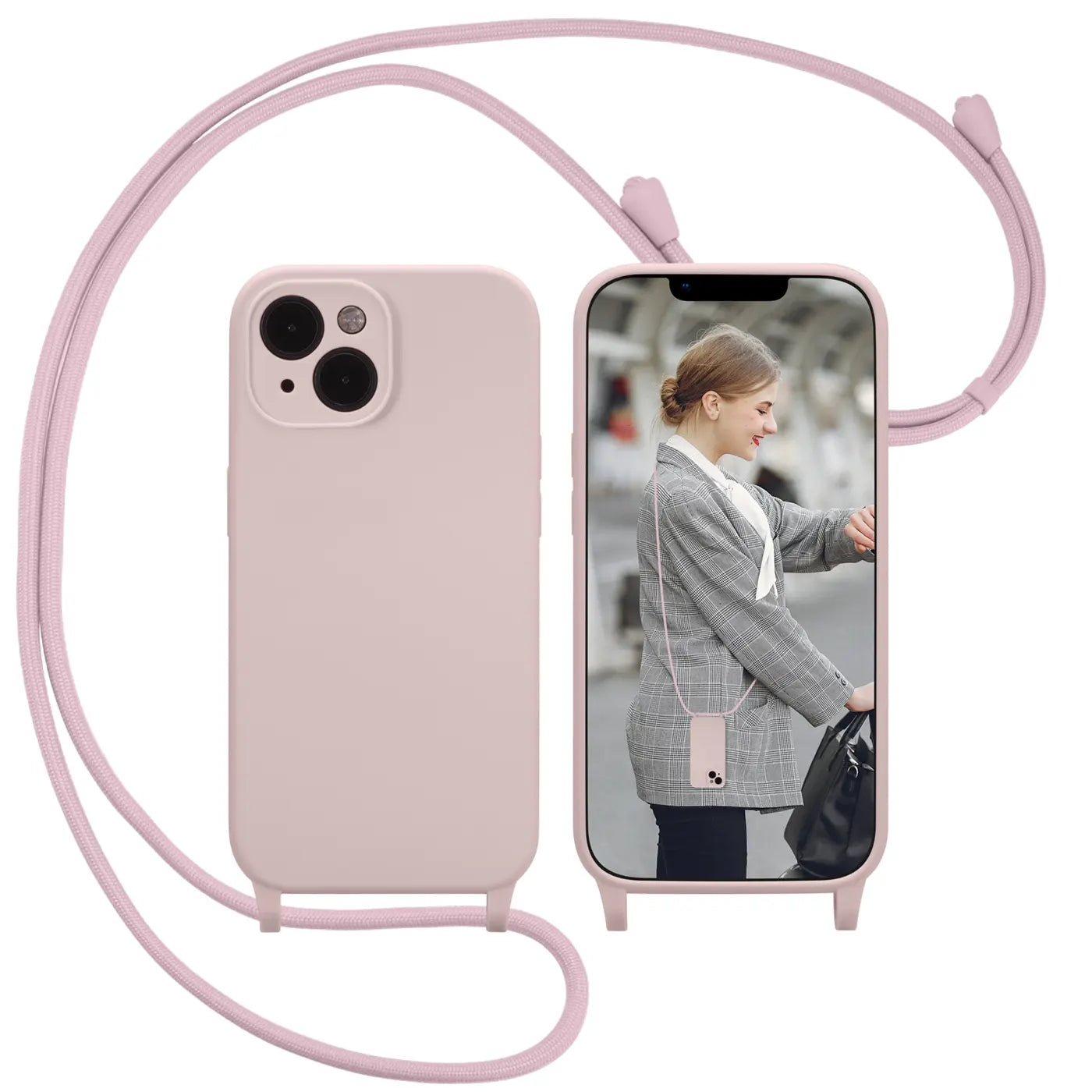 Rosa Silikonhülle mit Kordel für iPhone 14, Rückansicht und Frontansicht.