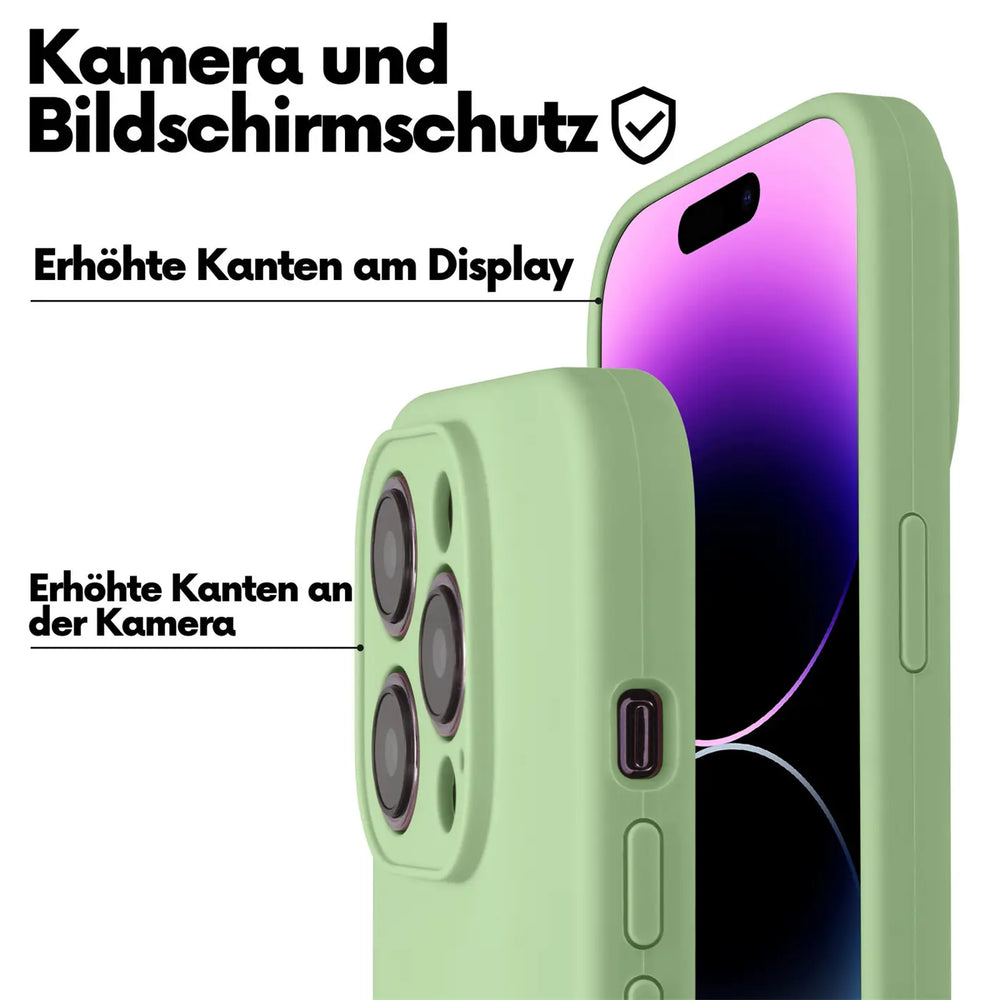 Hellgrüne Silikonhülle mit Kameraschutz für iPhone 14 Pro Max, Seitenansicht.