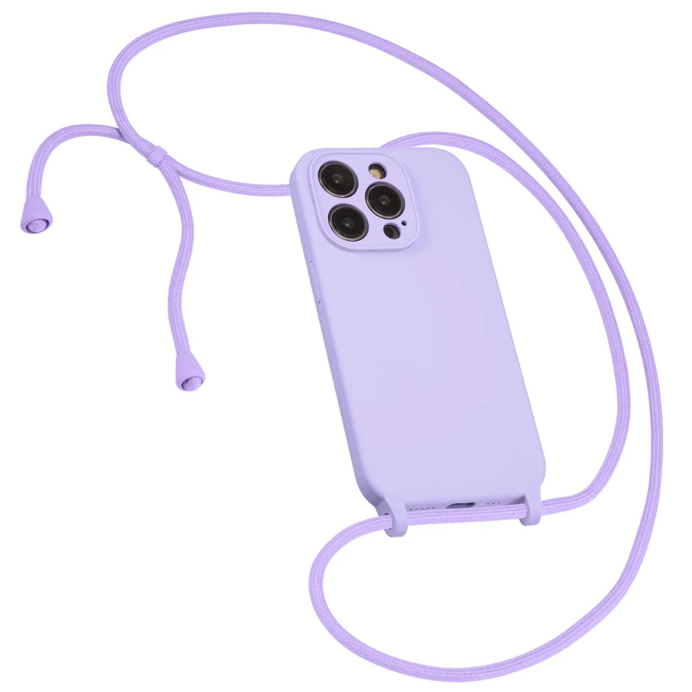 Lila Silikonhülle mit Kordel und Kameraschutz für iPhone 14 Pro Max, von oben links gesehen.