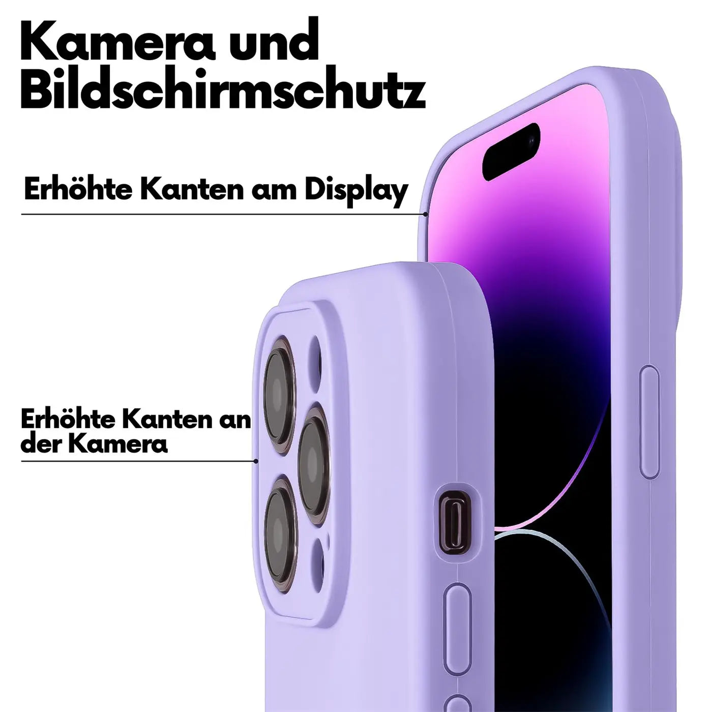 Lila Silikonhülle für iPhone 14 Pro Max, Nahaufnahme, Kameraschutz, erhöhte Kanten