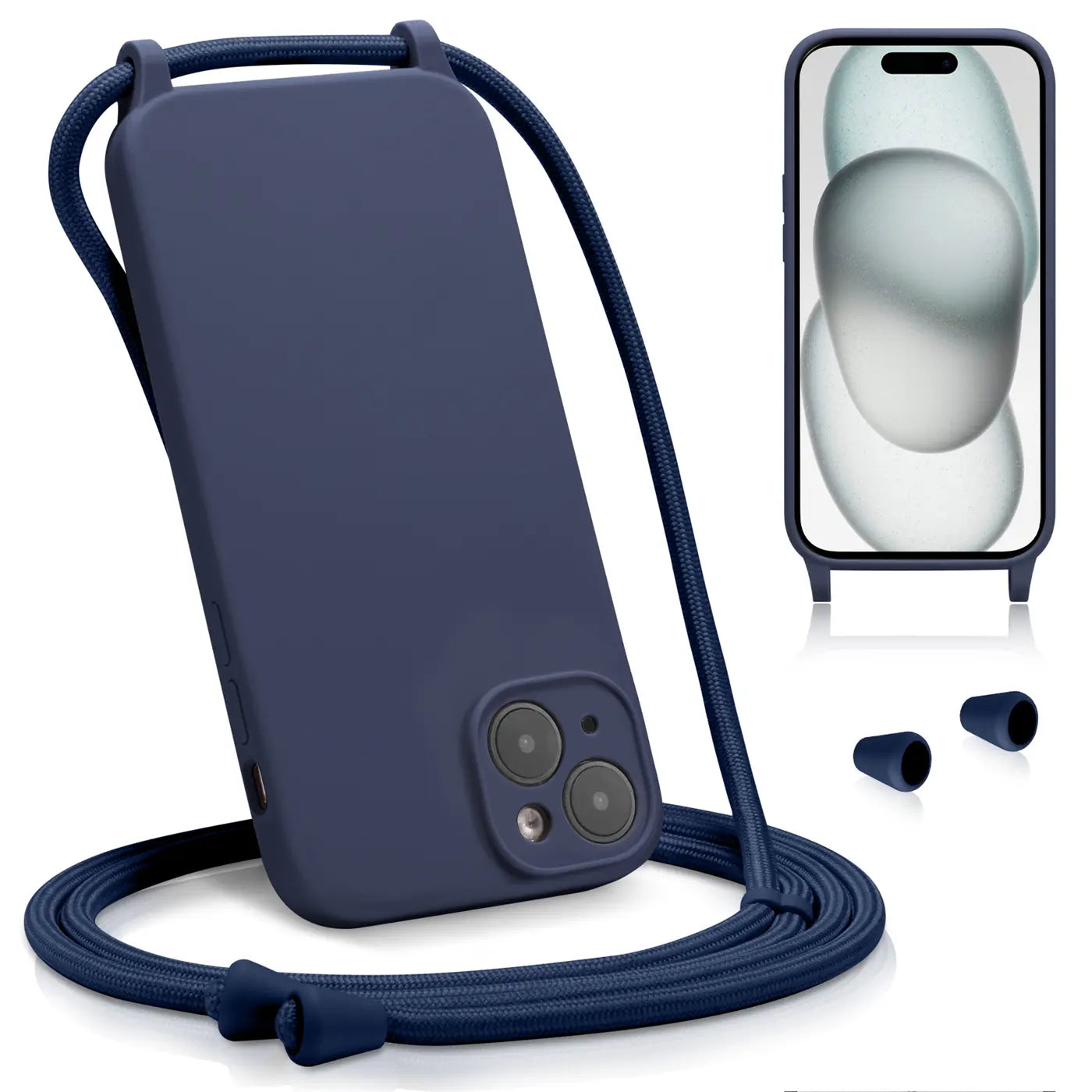 Dunkelblaue Handykette aus Silikon mit Kameraschutz, Nahaufnahme, iPhone 15.