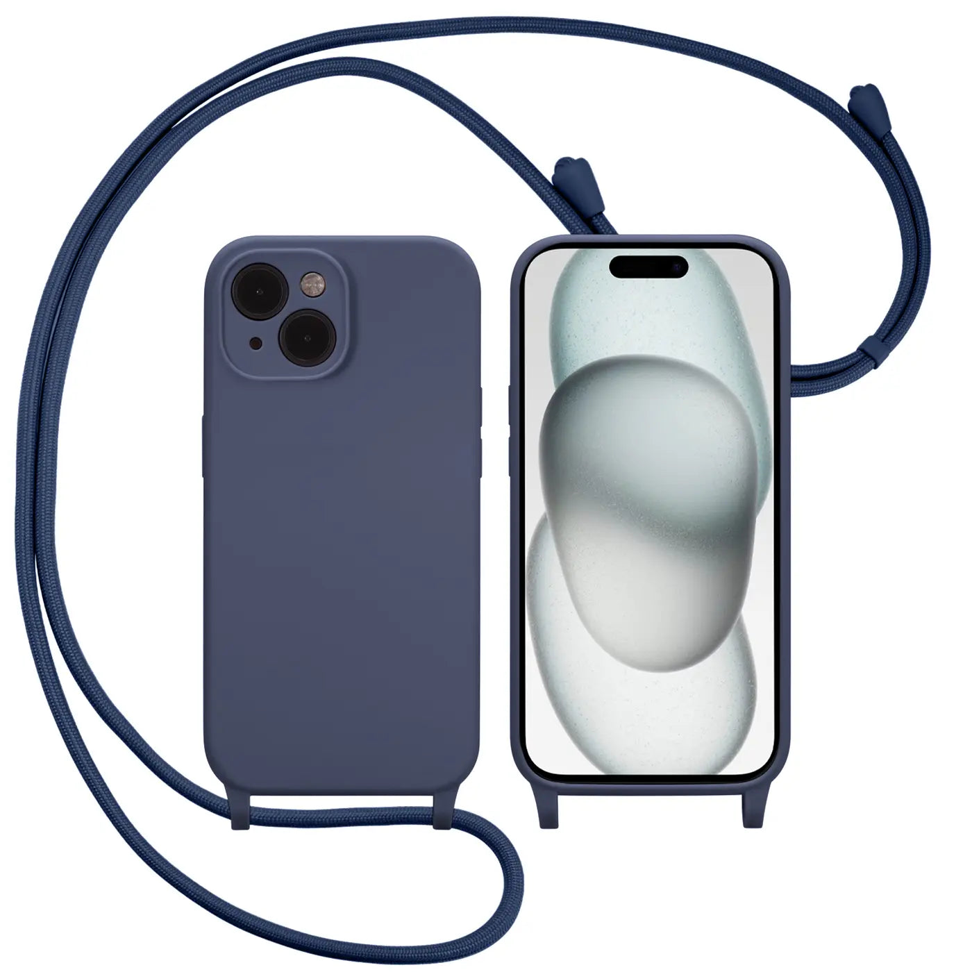 Dunkelblaues Silikon-Case mit Kordel für iPhone 15, Vorder- und Rückansicht.