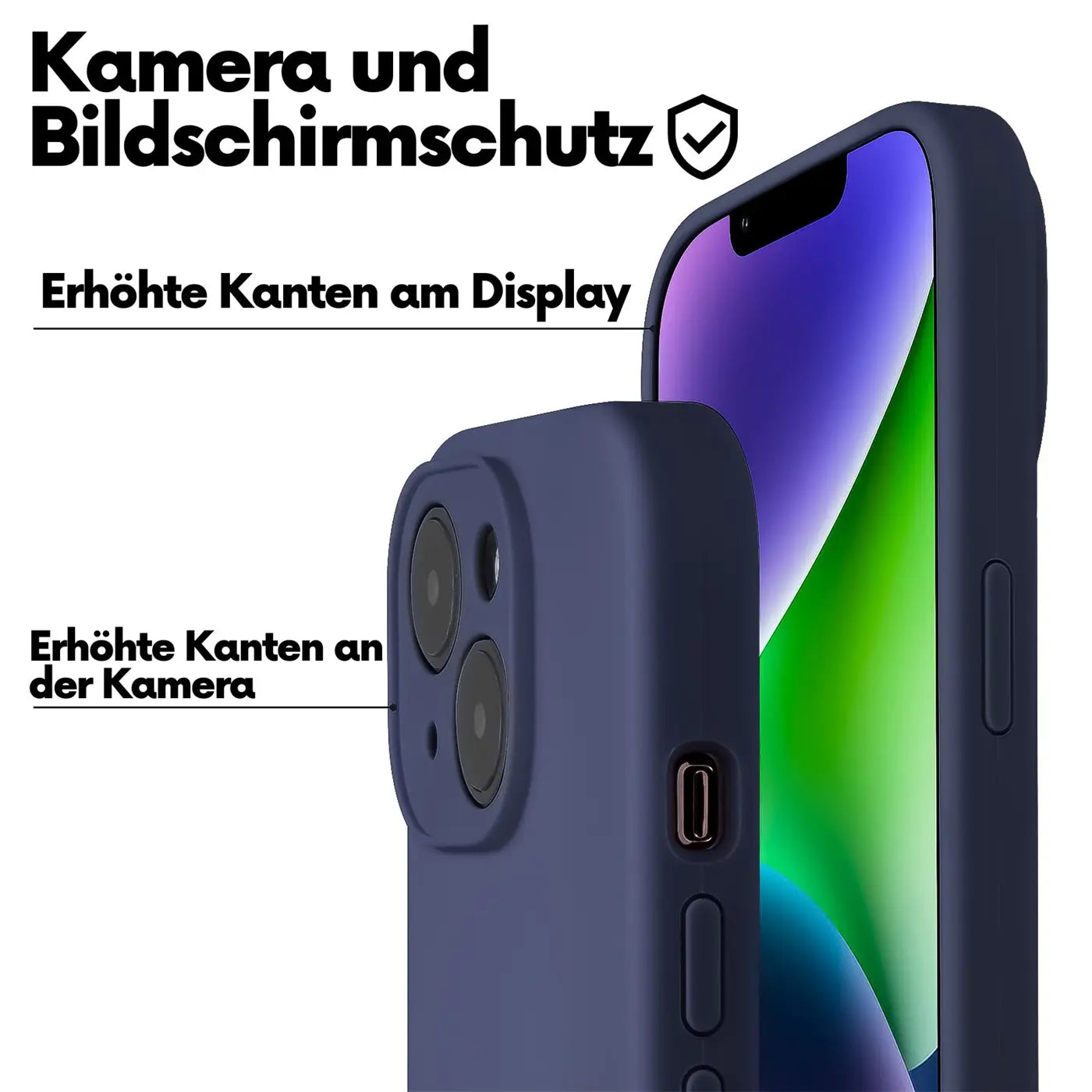 Dunkelblaues Silikon-Case für iPhone 16, Rückansicht mit Kamera, Frontansicht mit Display.