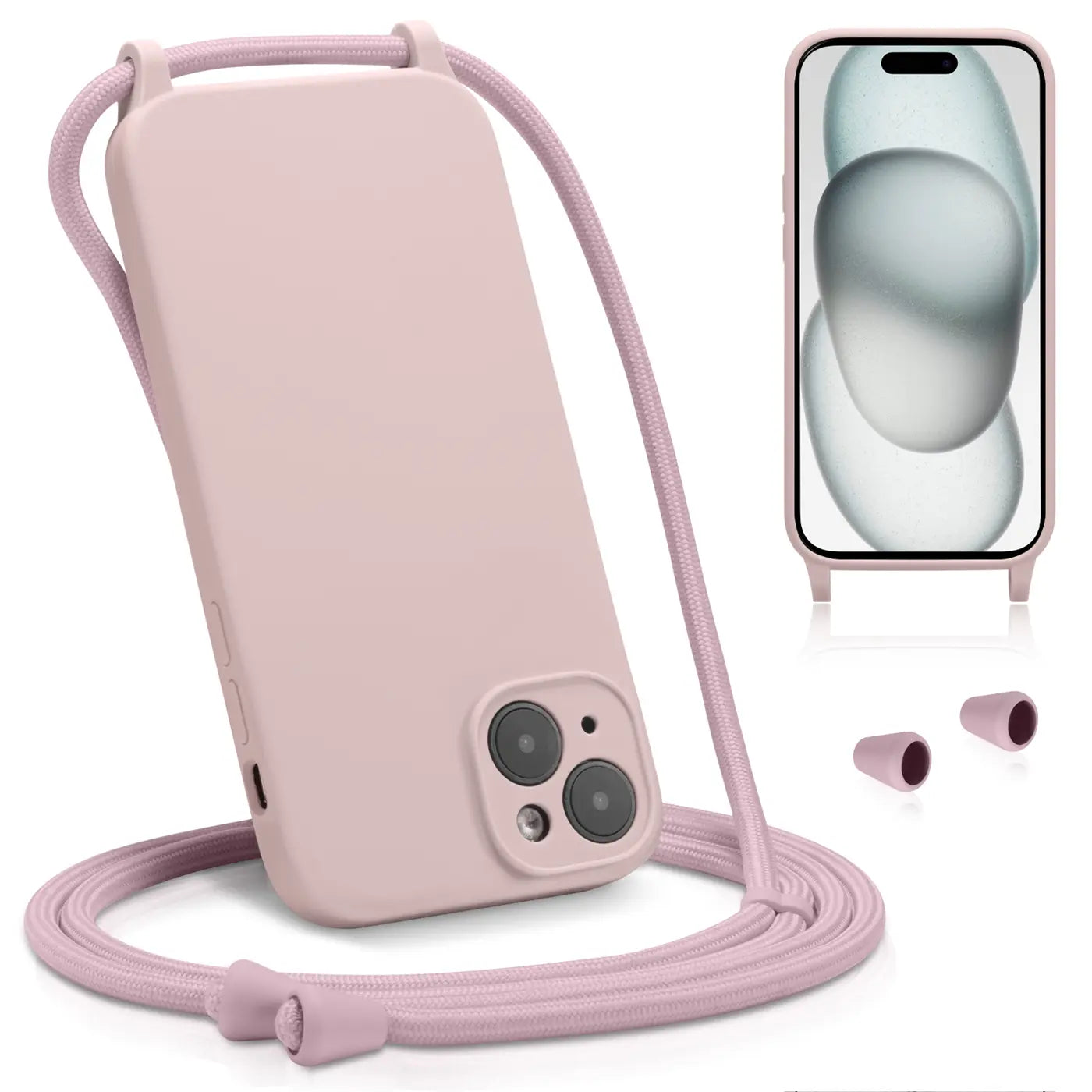 Rosa Handyhülle aus Silikon mit Kordel und Kameraschutz, Vorderansicht, iPhone 15.