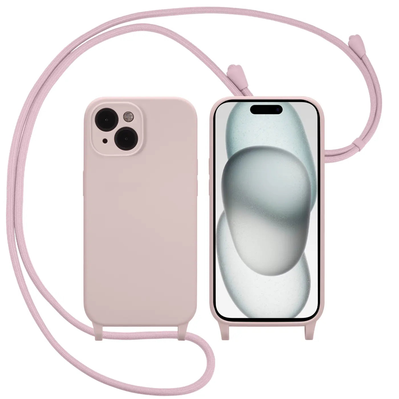 Rosa Silikonhülle mit Kordel für iPhone 16, von vorne und hinten gezeigt.