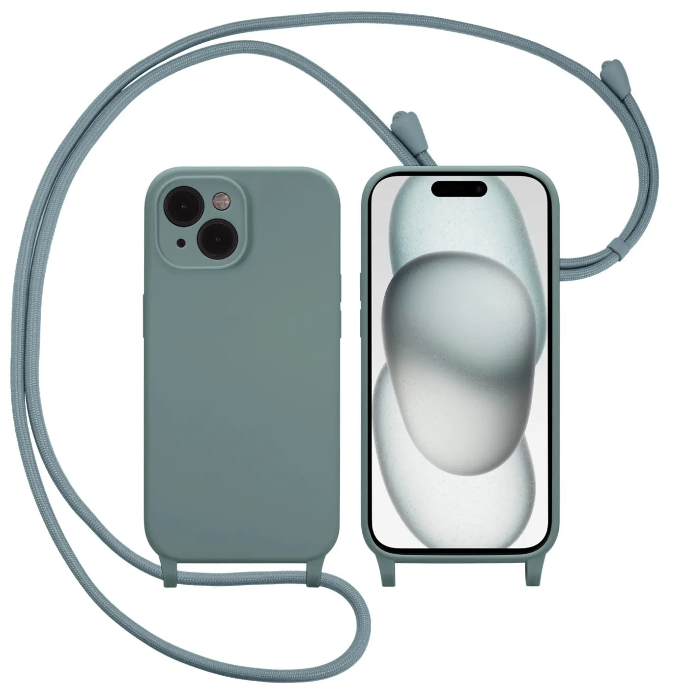 Graue Silikonhülle mit Kordel für iPhone 15, Rückseite und Vorderseite sichtbar.