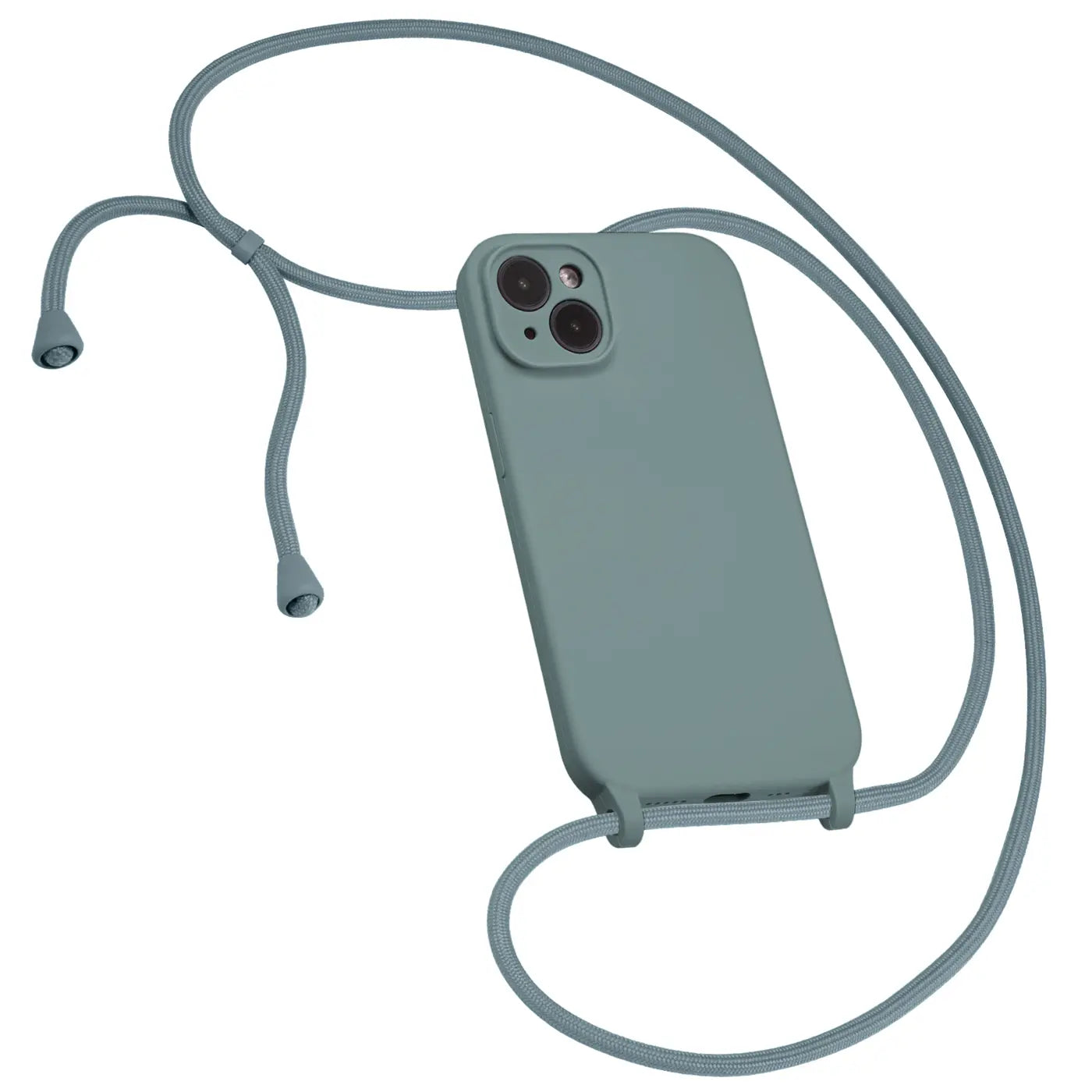 Graue Silikonhülle mit Kameraschutz und Band für iPhone 15, von oben schräg fotografiert.