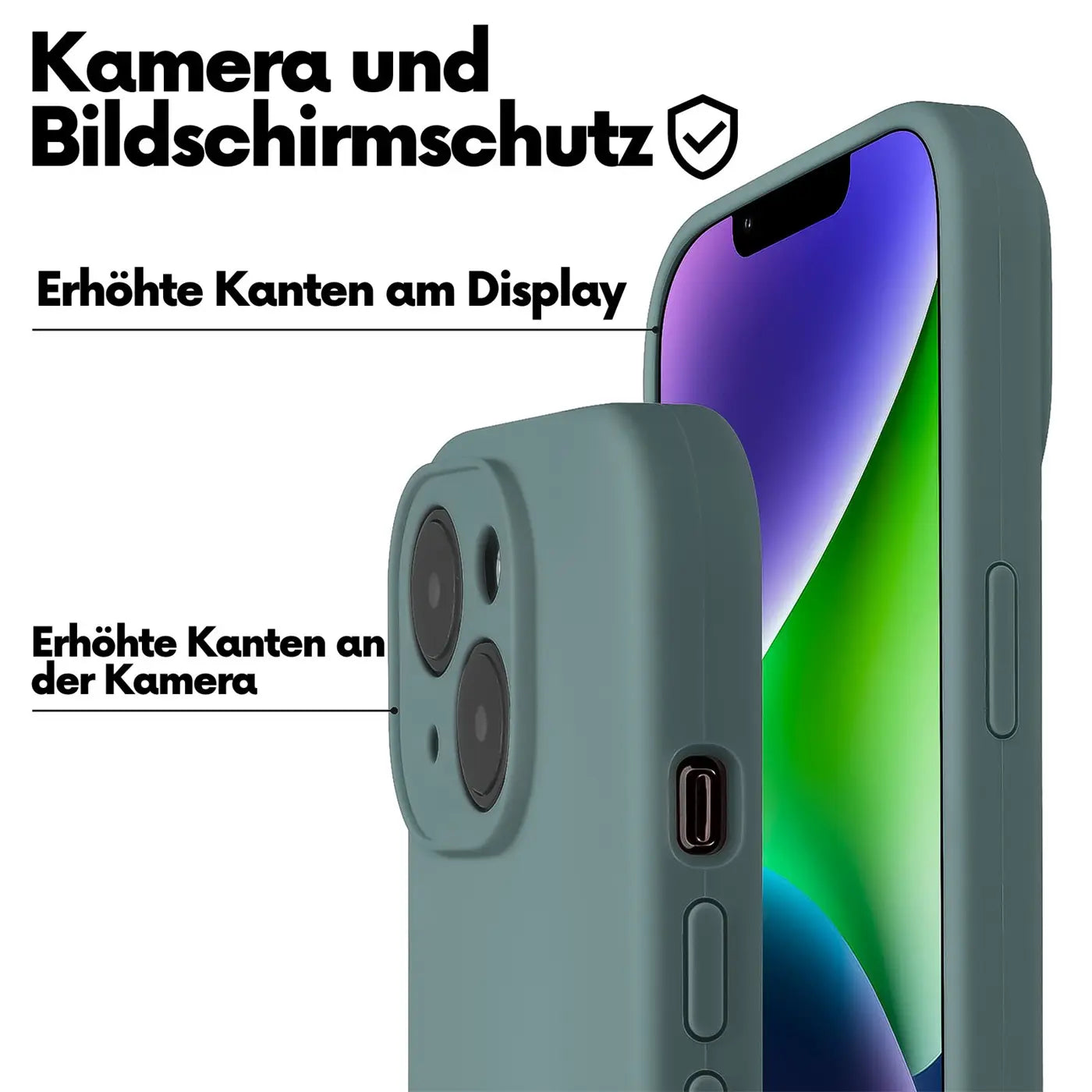 Grüne Handyhülle aus Silikon, Rückansicht, iPhone 15 mit Kameraschutz