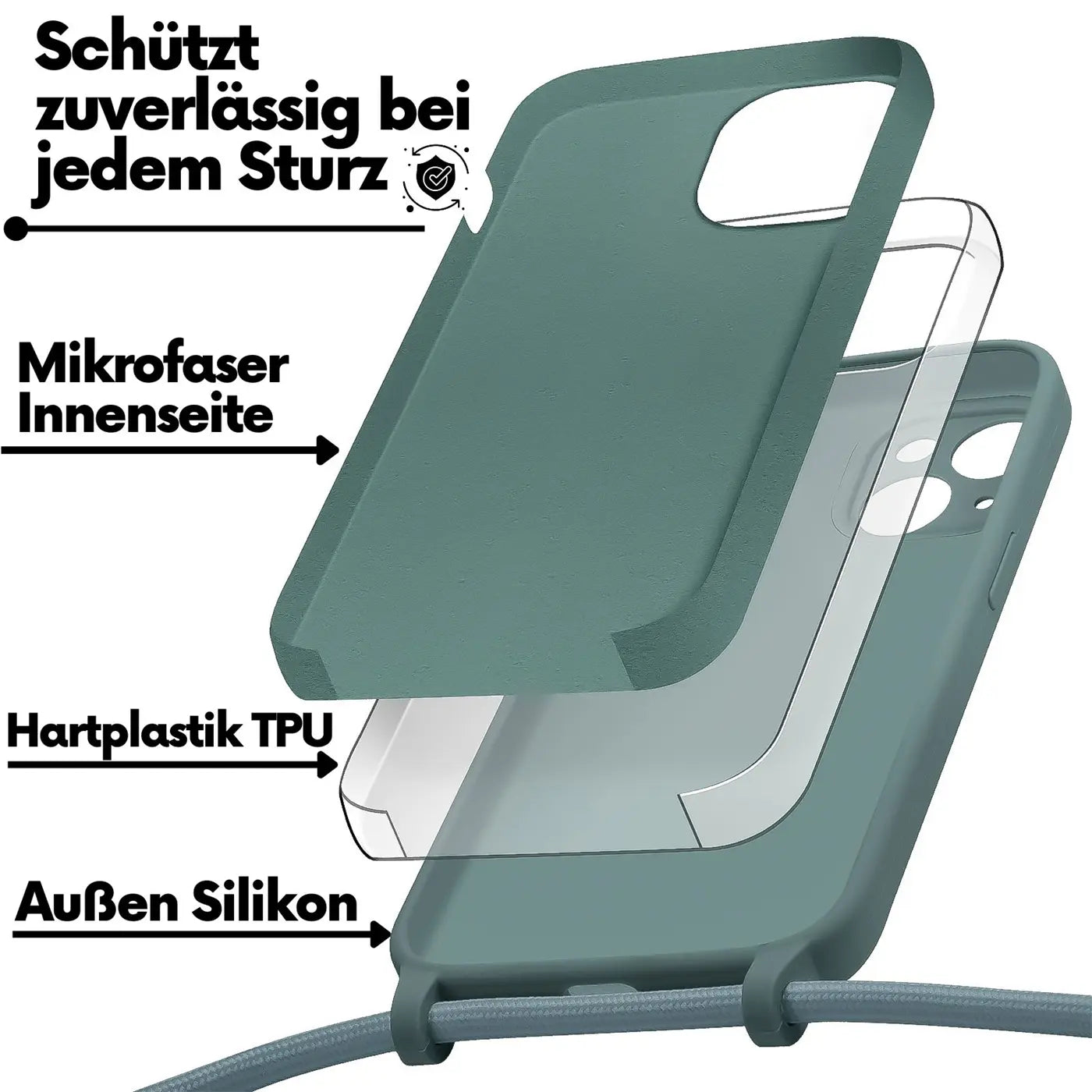 Grüne Silikonhülle mit Mikrofaser-Innenseite, TPU-Schicht. iPhone 15 sichtbar.