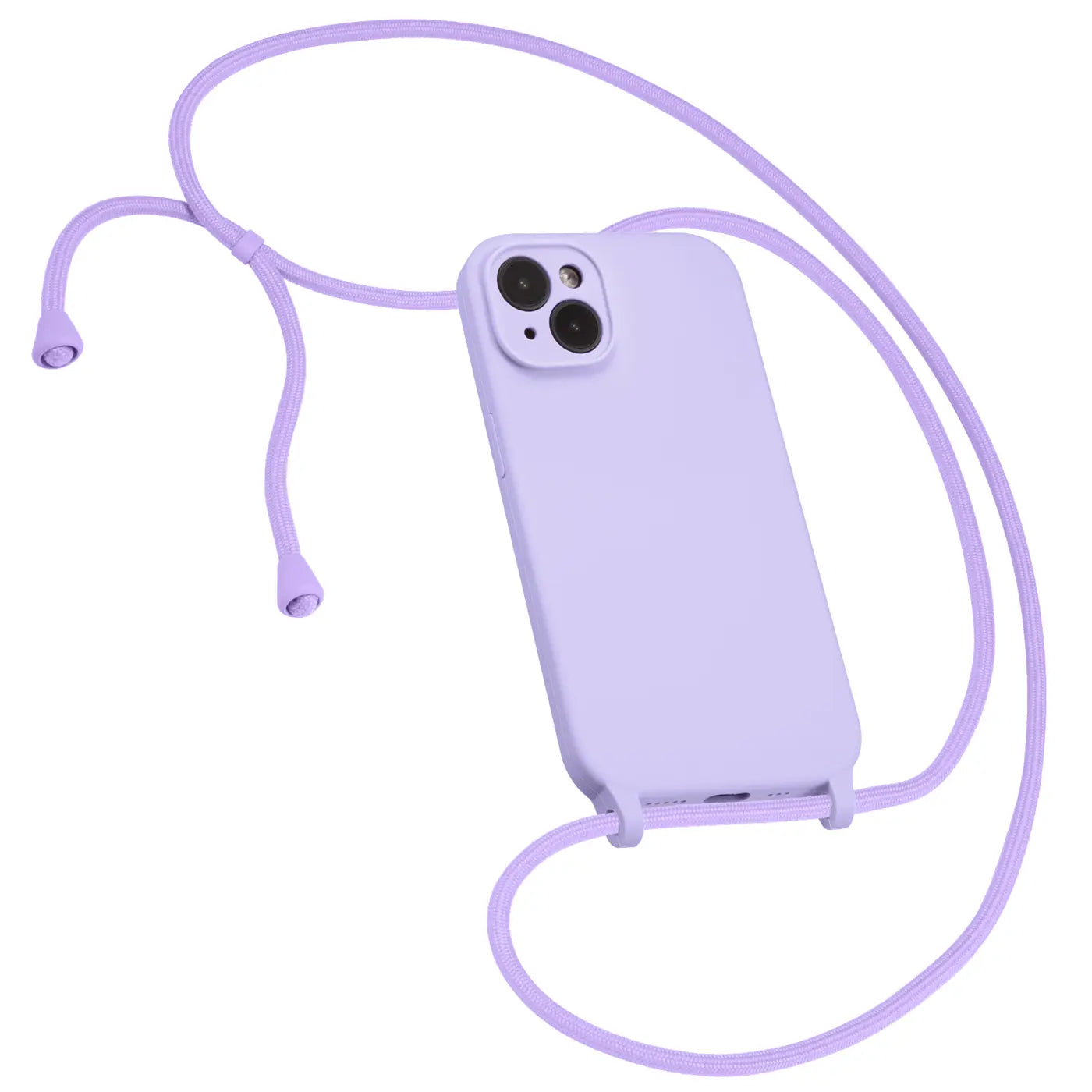 Lila Handyhülle aus Silikon mit Kameraschutz und Band für iPhone 15, Draufsicht.