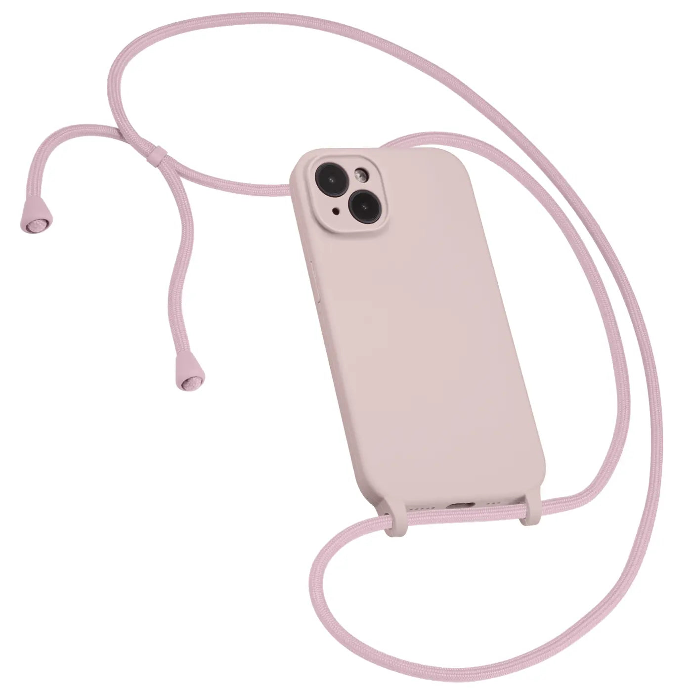 Helle rosa Handykette aus Stoff mit Kameraschutz für iPhone 15 Plus, Draufsicht.