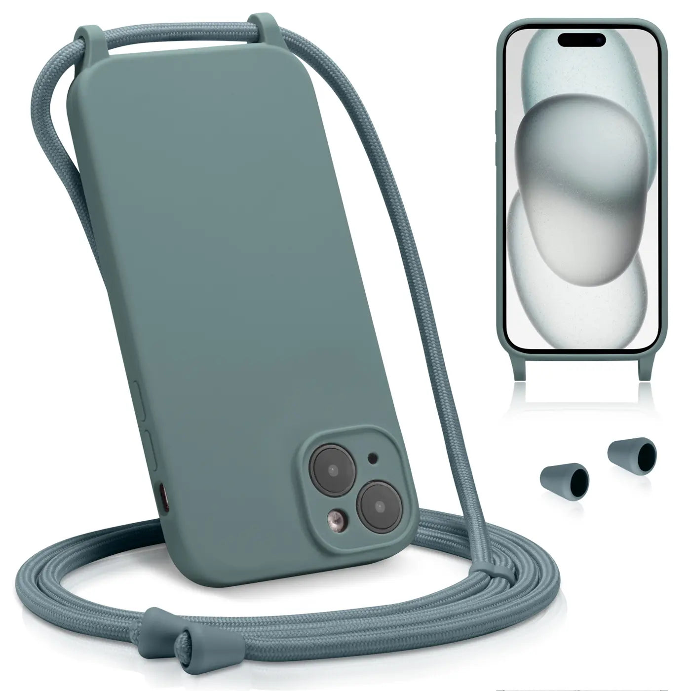 Graue Silikonhülle mit Kordel für iPhone 16 Plus, Kameraschutz, von vorne links