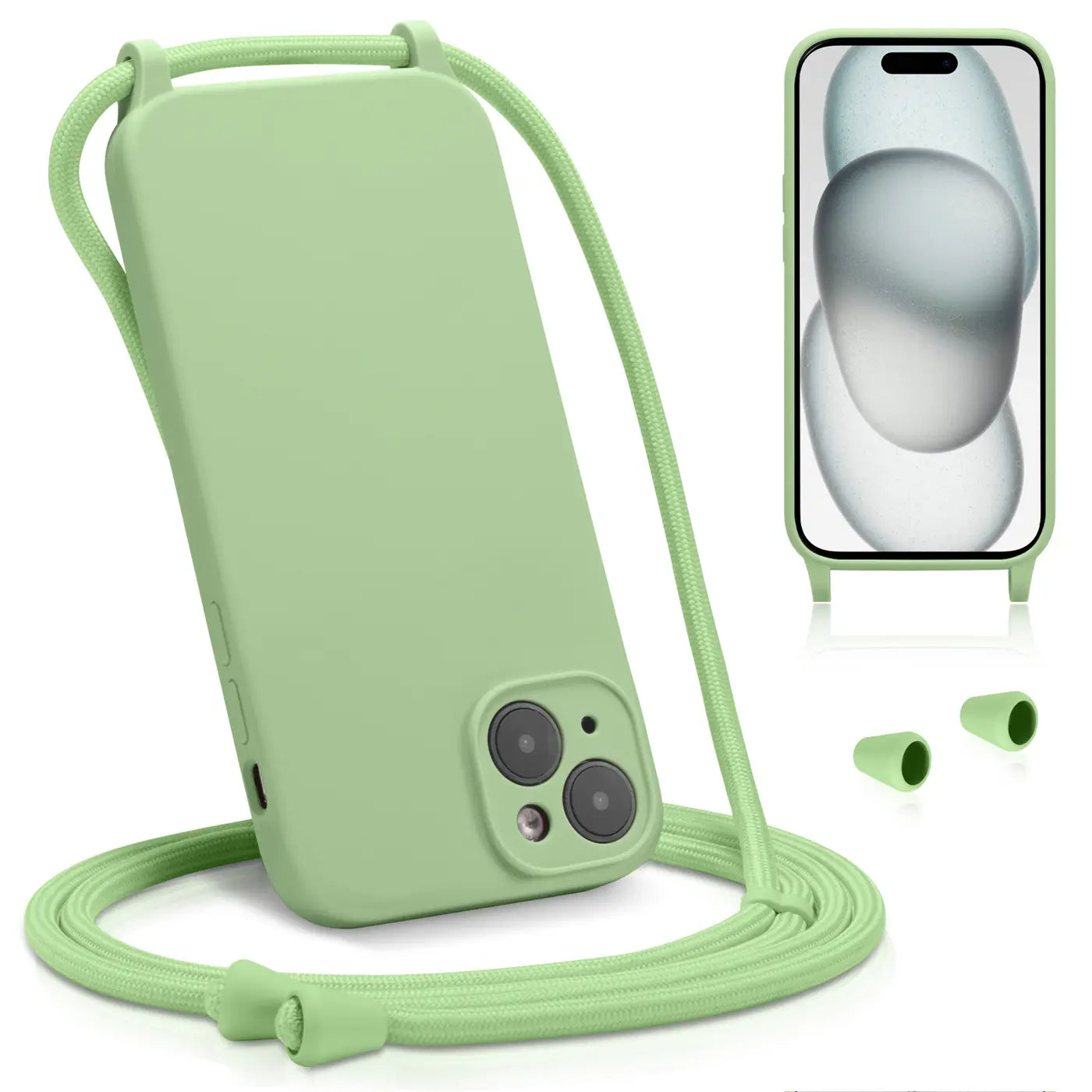 Grüne Silikonhülle mit Kameraschutz und Band, iPhone 16 Plus, von vorne/oben