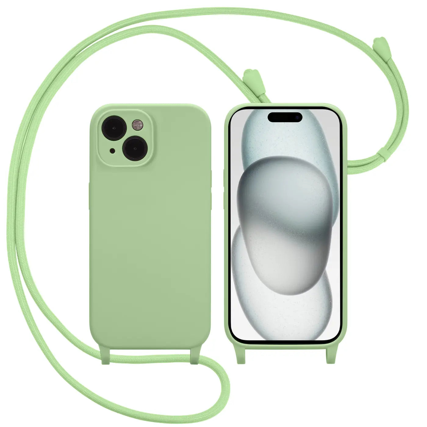 Grüne Silikonhülle mit Kordel und Kameraschutz für iPhone 15 Plus, von vorne und hinten gezeigt.