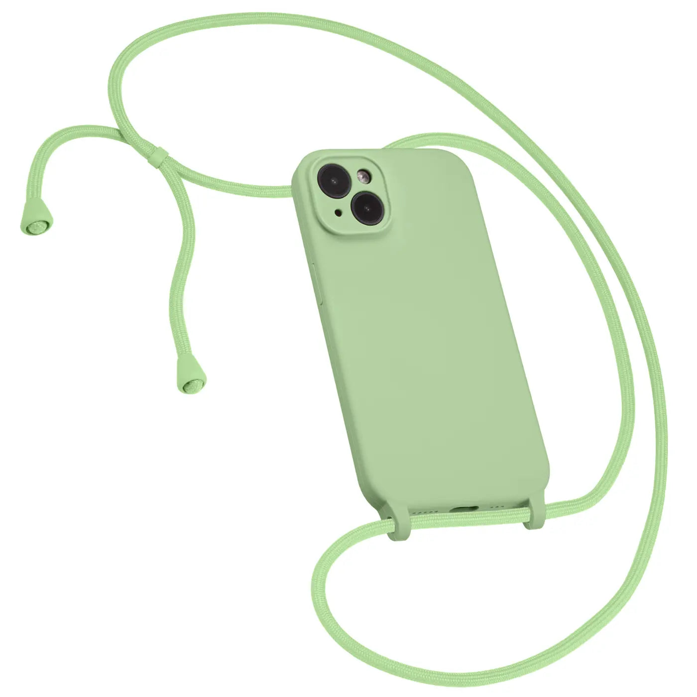 Hellgrüne Handyhülle aus Silikon mit Kameraschutz und Band, von oben links gezeigt, iPhone 16 Plus.