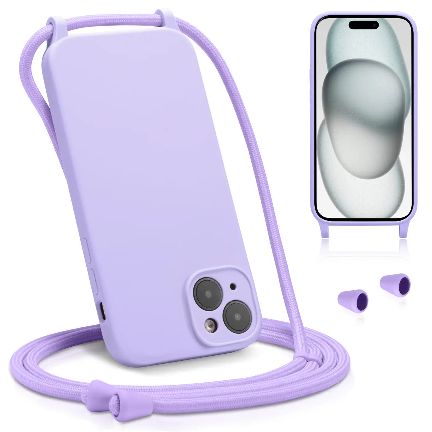 Lila Silikonhülle mit Kordel für iPhone 15 Plus, Kameraschutz, Draufsicht.