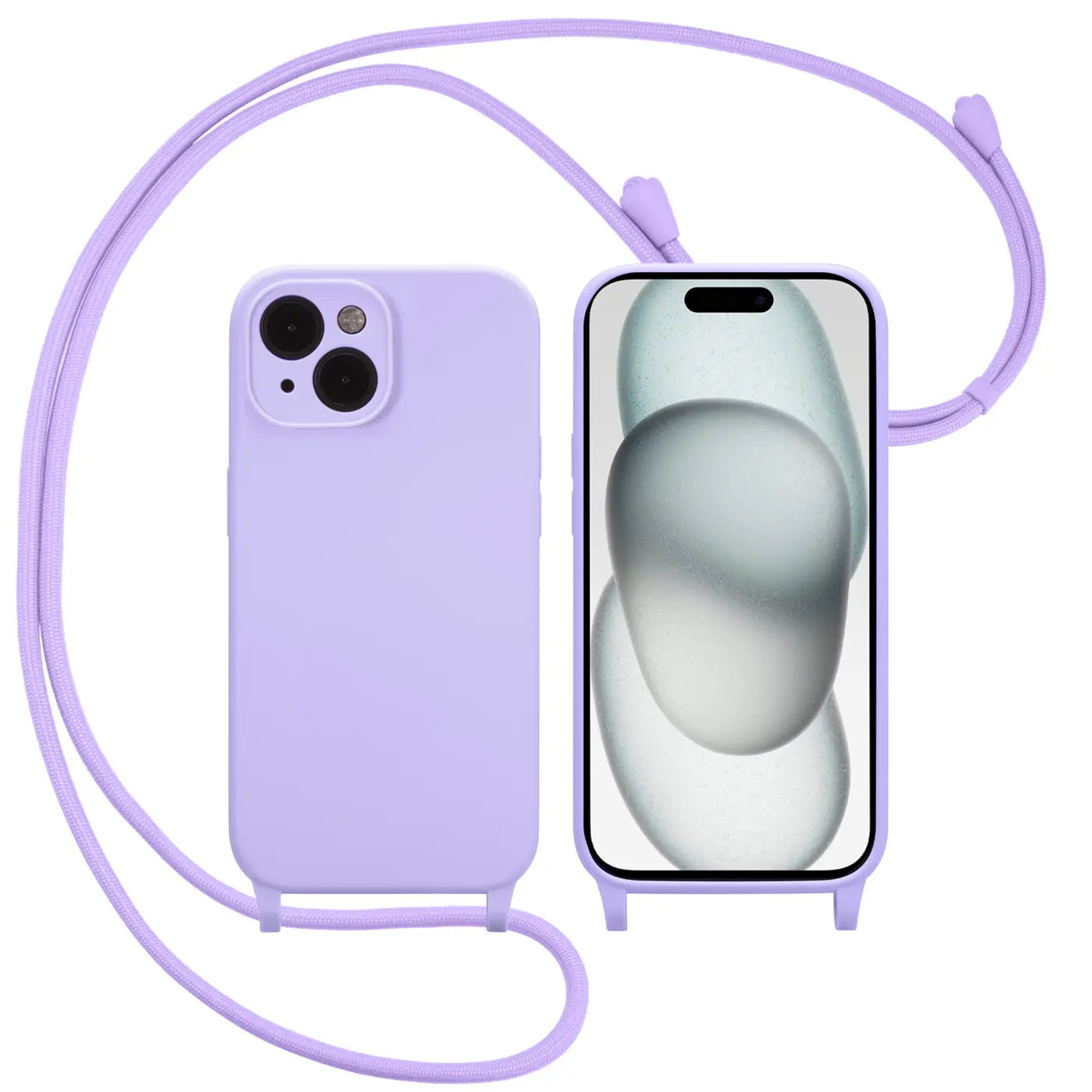 Lila Silikonhülle mit Kordel für iPhone 16 Plus, Kameraschutz, Vorder- und Rückansicht.