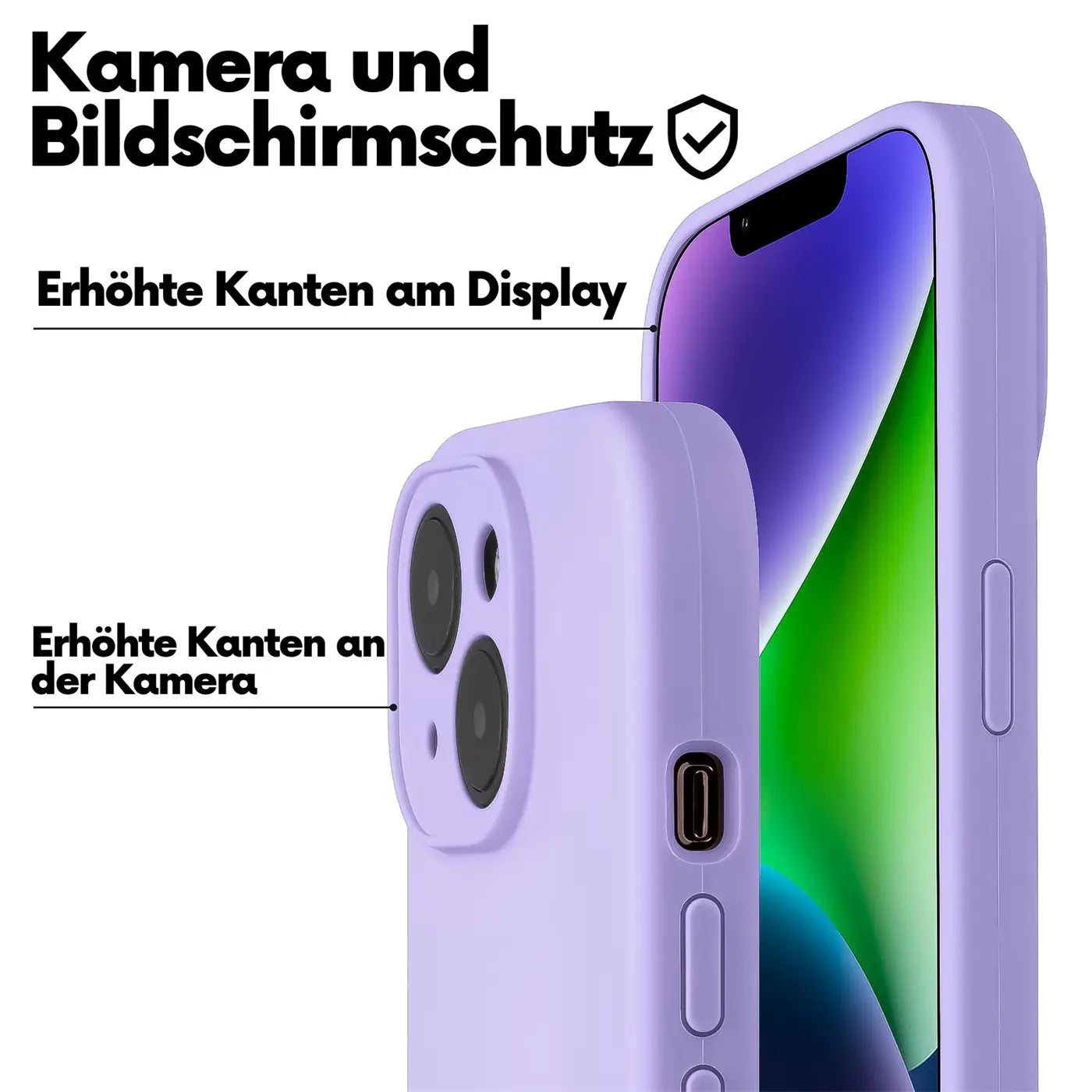 Lila Silikonhülle für iPhone 15 Plus, Nahaufnahme, Kameraschutz, erhöhte Kanten