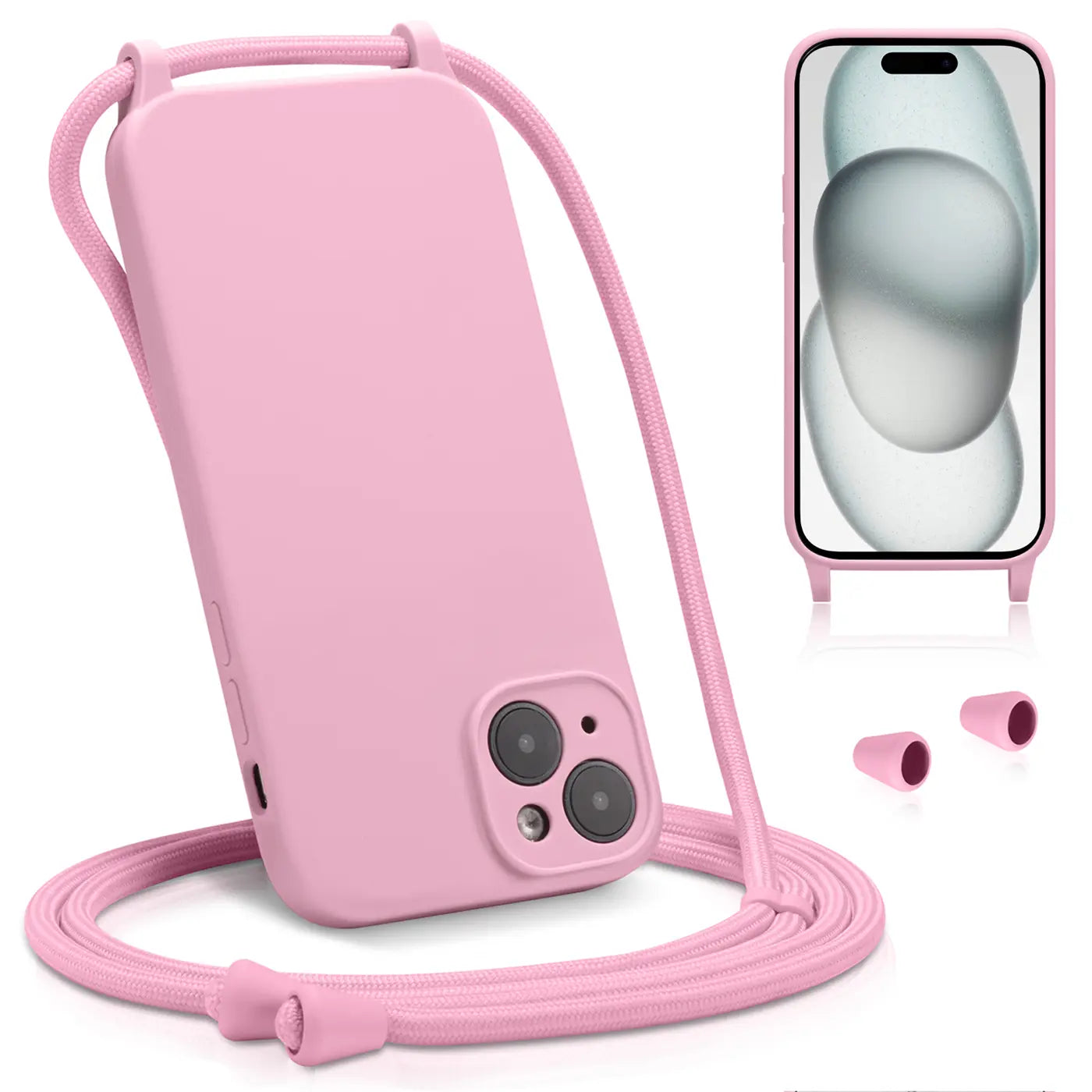 Rosa Handyhülle aus Silikon mit Kameraschutz und Band, iPhone 16 Plus, Draufsicht.