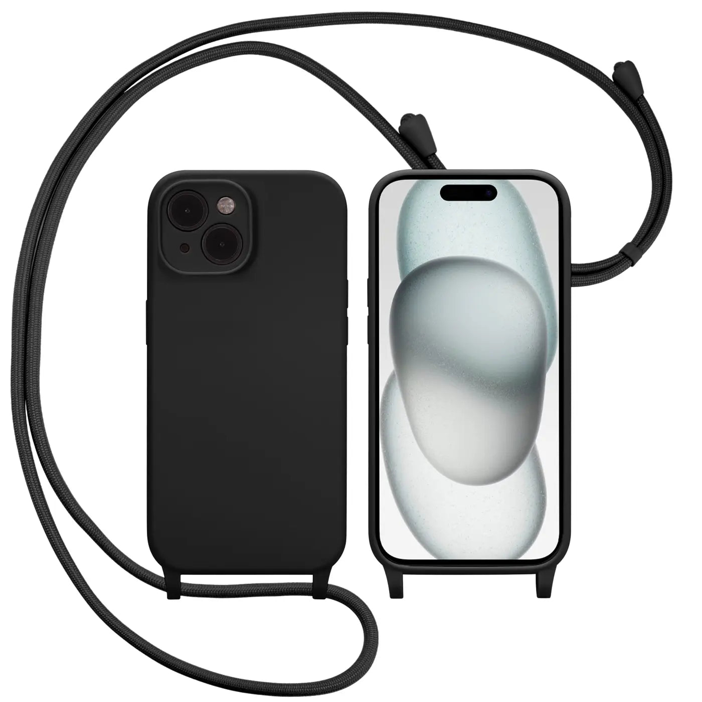 Schwarze Handykette aus Kunststoff mit Kameraschutz für iPhone 15 Plus, von vorne und hinten gezeigt.