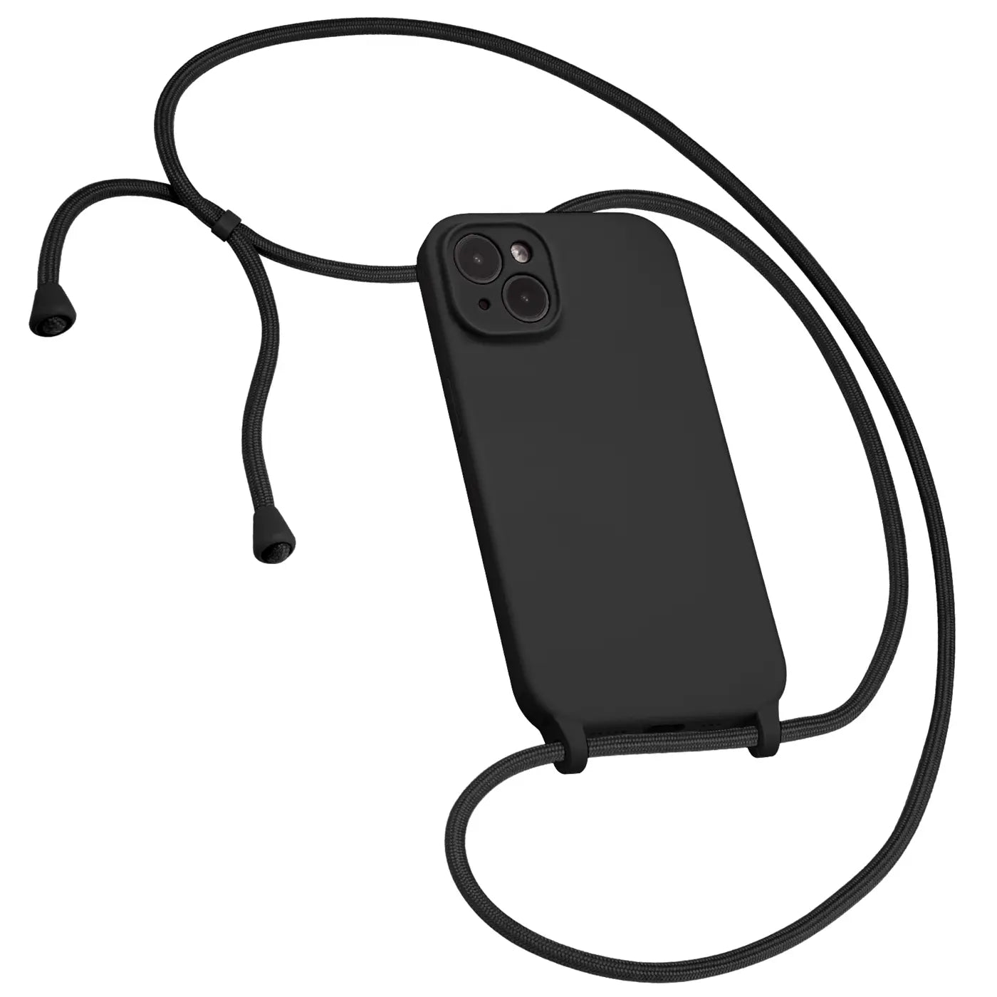 Schwarze Handykette aus Stoff mit Kameraschutz für iPhone 15 Plus, von oben links gesehen.