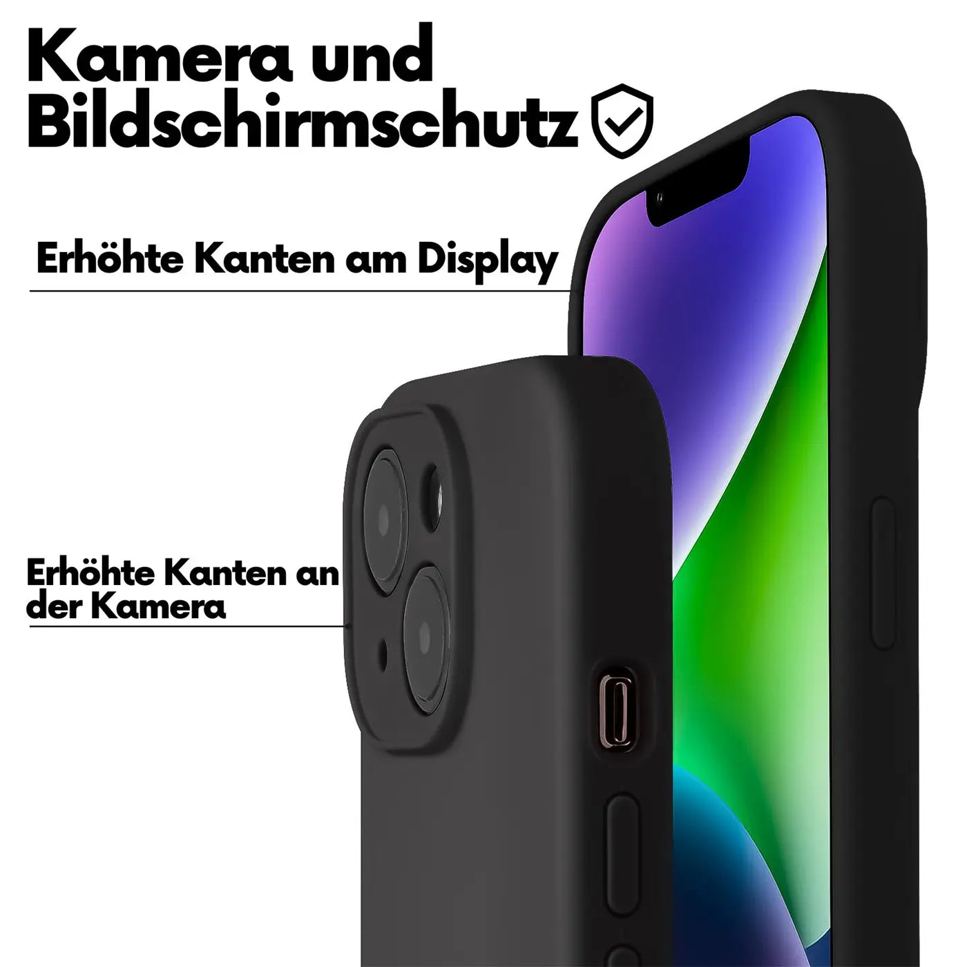 Schwarze Handyhülle aus Silikon, Nahaufnahme der Rückseite und Seite eines iPhones 15 Plus.