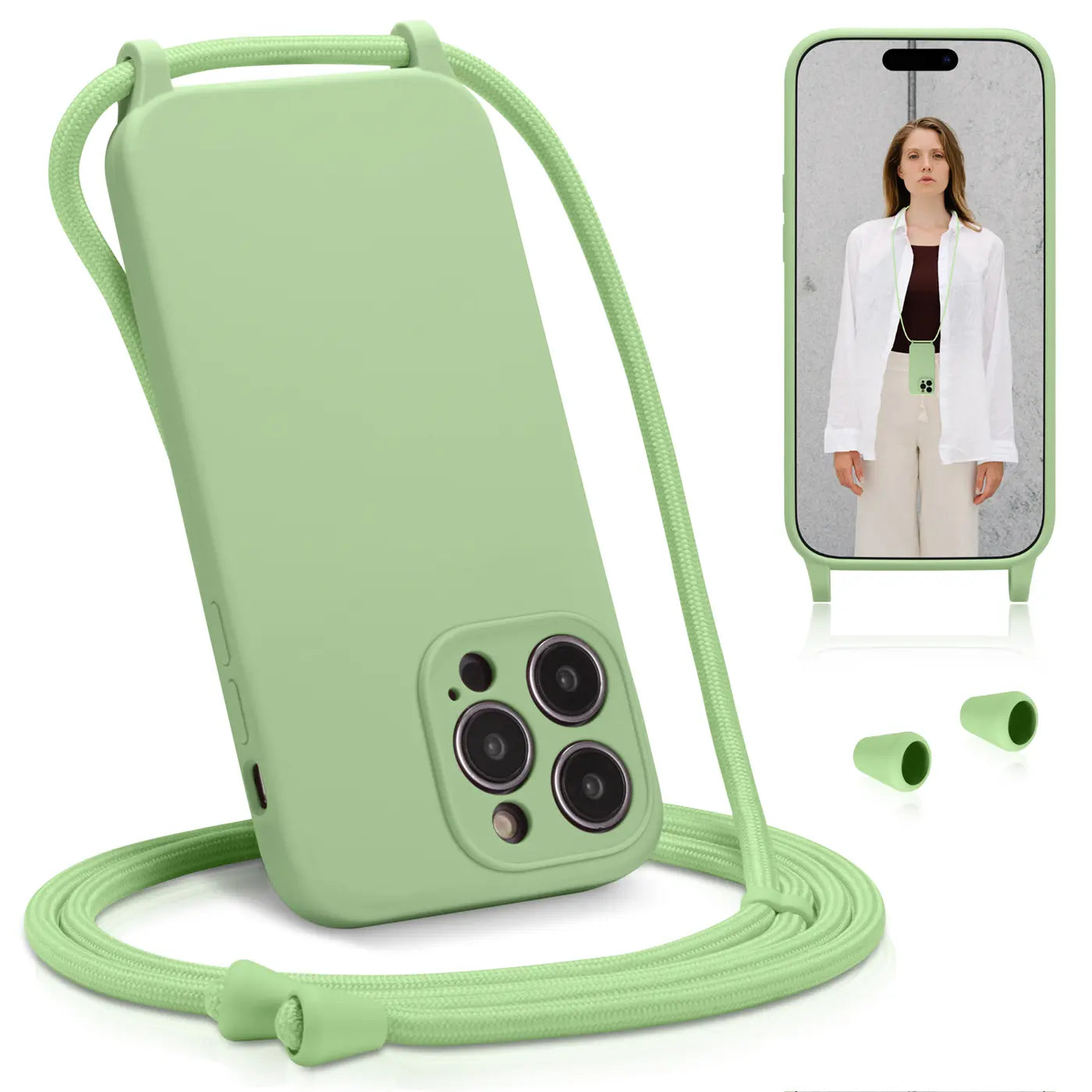 Grüne Silikonhülle mit Kordel für iPhone 15 Pro, von vorne, mit Kameraschutz.