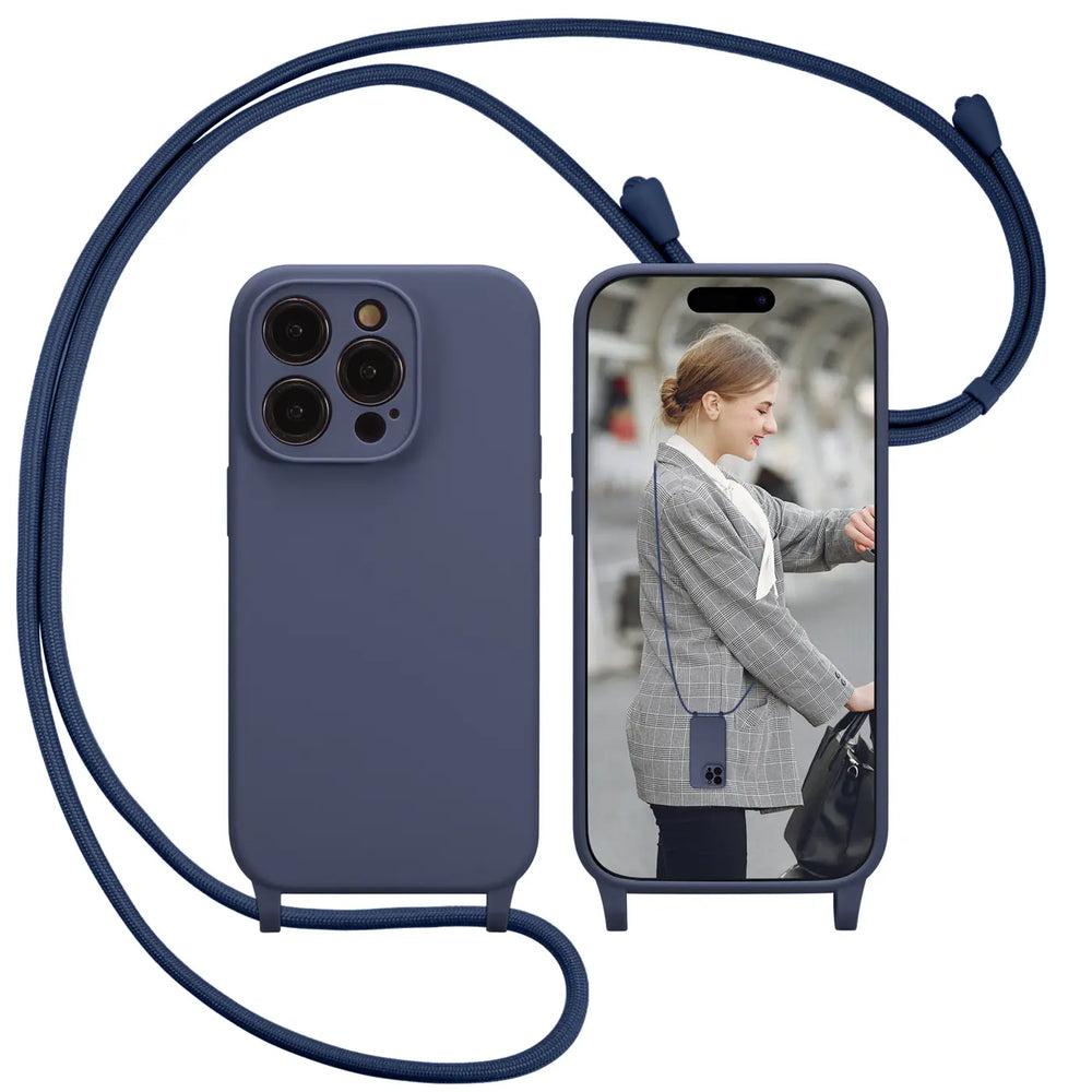 Dunkelblaue Handyhülle aus Silikon mit Kameraschutz und Lanyard, Vorder- und Rückansicht, iPhone 15 Pro Max.