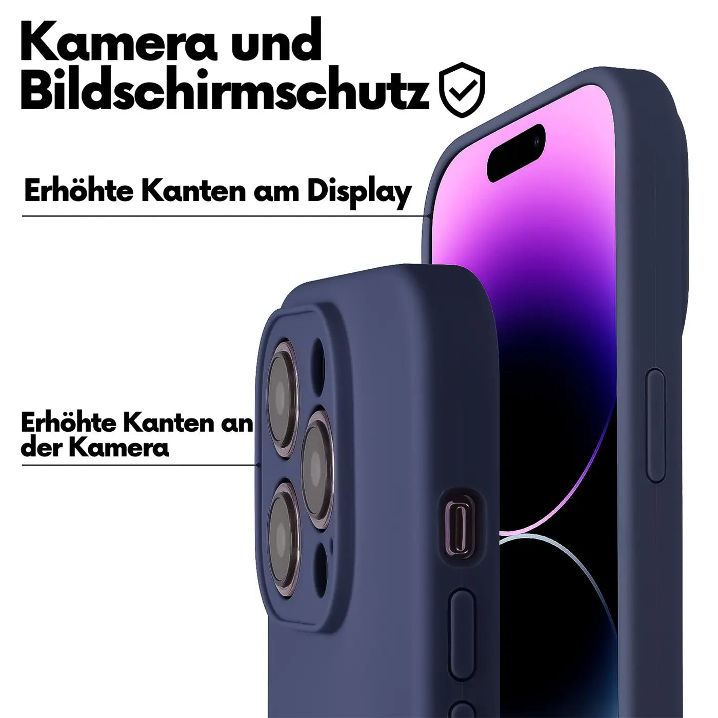 Dunkelblaues Handycase aus Silikon, Nahaufnahme der Kamera, iPhone 15 Pro Max.