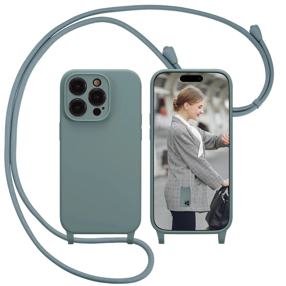 Grüne Handyhülle aus Silikon mit Kameraschutz und Band, iPhone 15 Pro Max, Vorder- und Rückansicht.