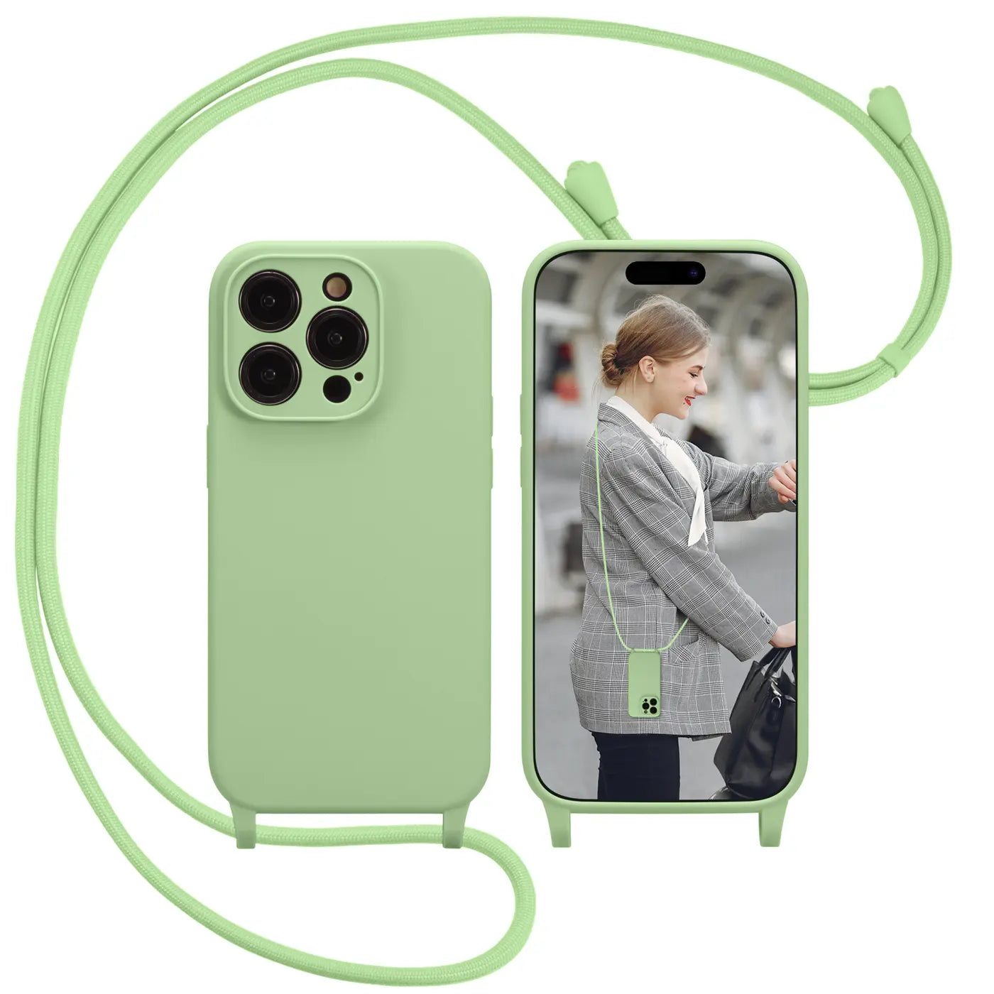 Hellgrüne Silikonhülle mit Kameraschutz und Band für iPhone 16 Pro Max, Vorder- und Rückansicht.