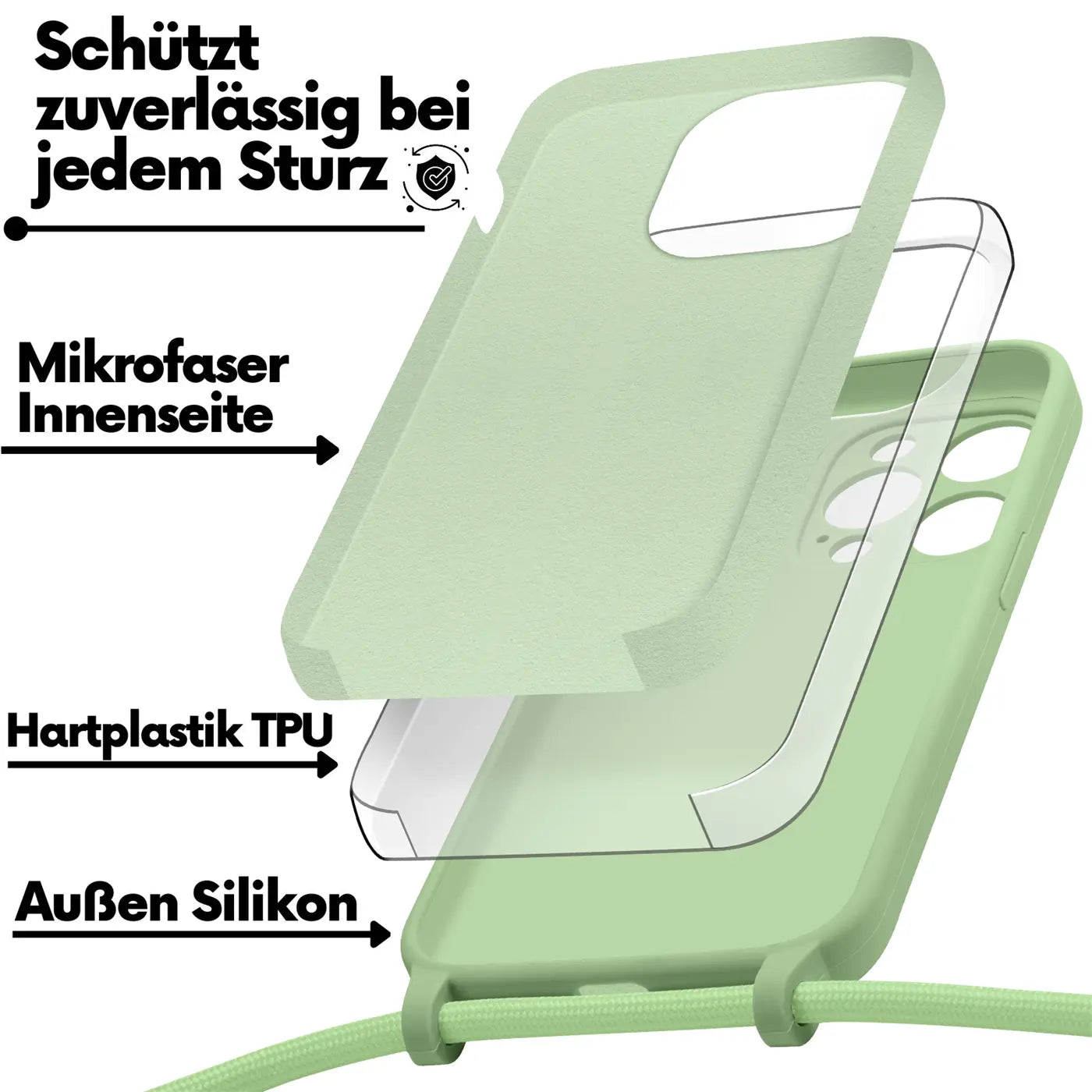 Hellgrüne Handyhülle aus Silikon/TPU mit Mikrofaser-Innenseite, Kameraschutz, für iPhone 15 Pro Max.