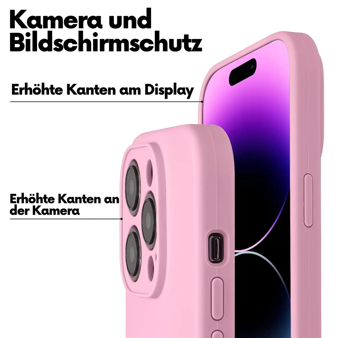Rosa Hülle aus Silikon für iPhone 16 Pro Max, Nahaufnahme, Kameraschutz.