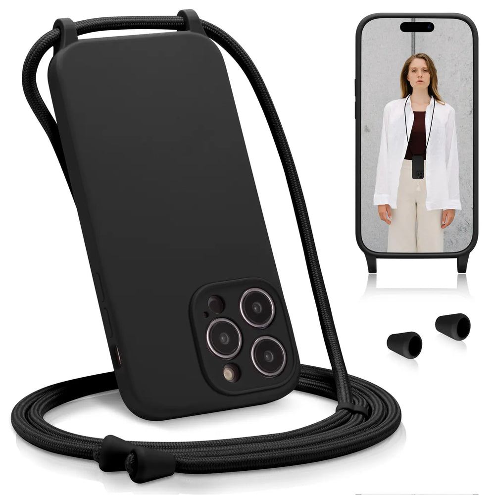 Schwarze Handyhülle aus Silikon mit Kameraschutz und Lanyard für iPhone 15 Pro Max.