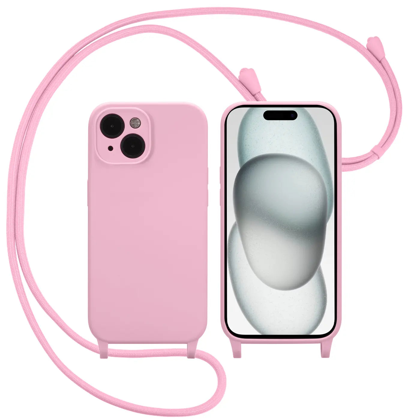 Rosa Silikonhülle mit Kordel für iPhone 16, Vorder- und Rückansicht.