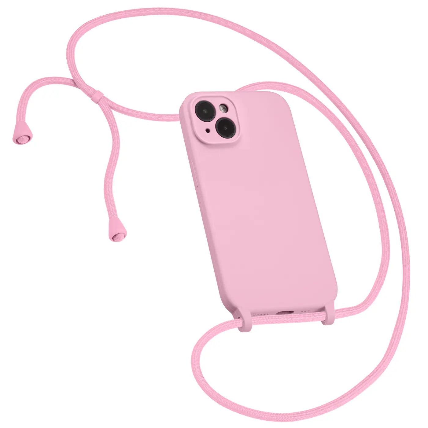 Rosa Handyhülle aus Silikon mit Kameraschutz und Band, iPhone 16, Draufsicht.