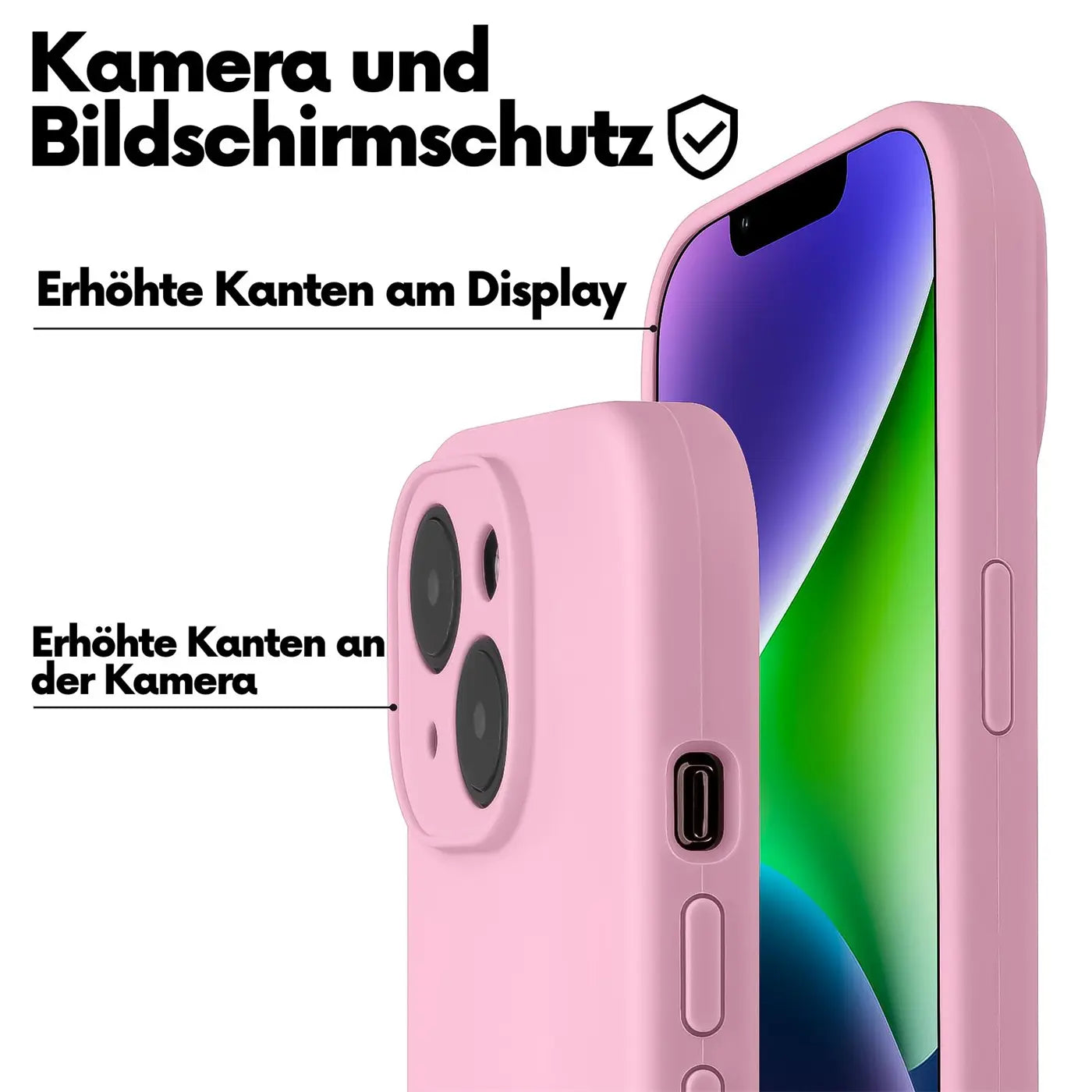 Rosa Silikonhülle für iPhone 15, Nahaufnahme, Rückseite und Seite sichtbar.