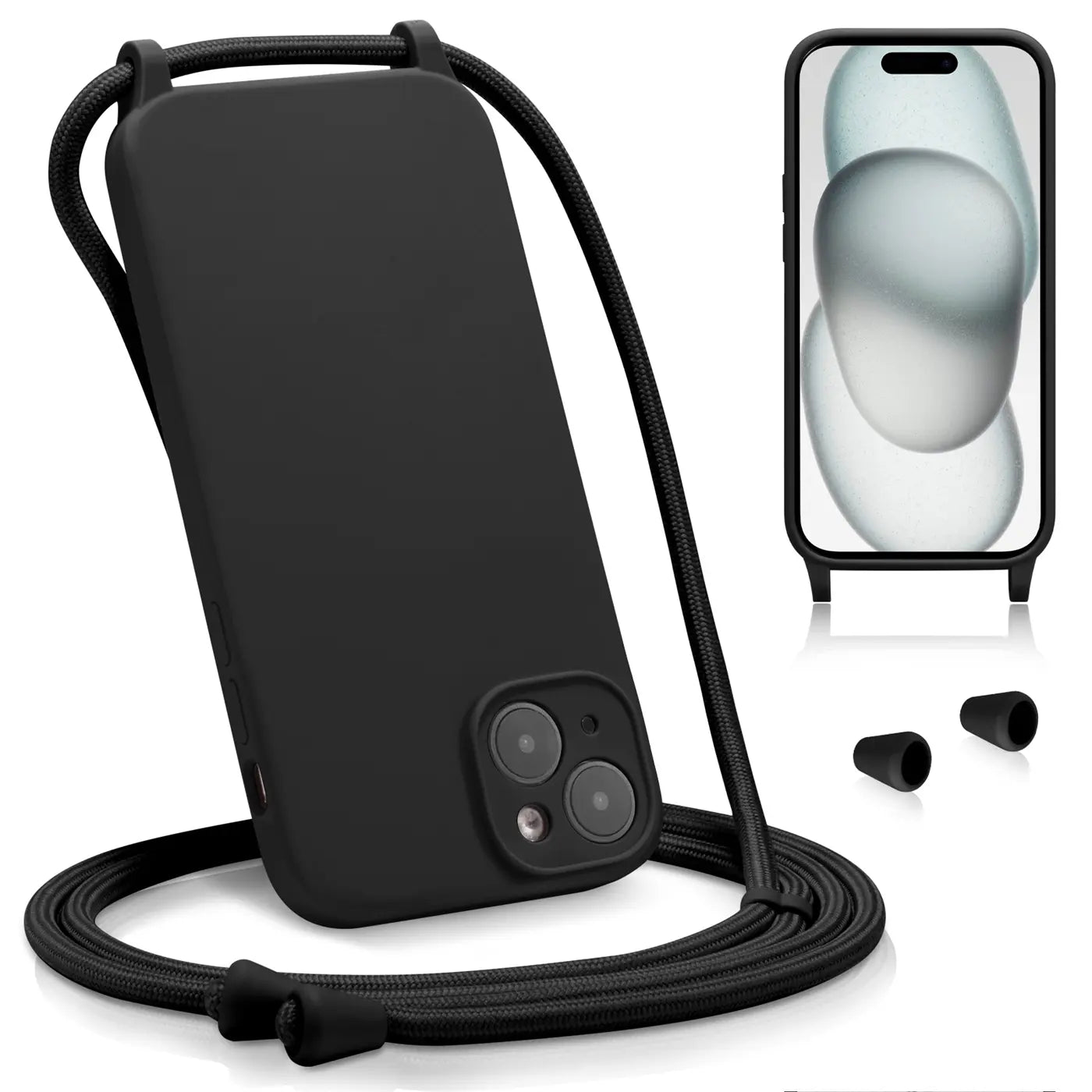 Schwarze Silikon-Handykette mit Kameraschutz für iPhone 15, von vorne schräg.