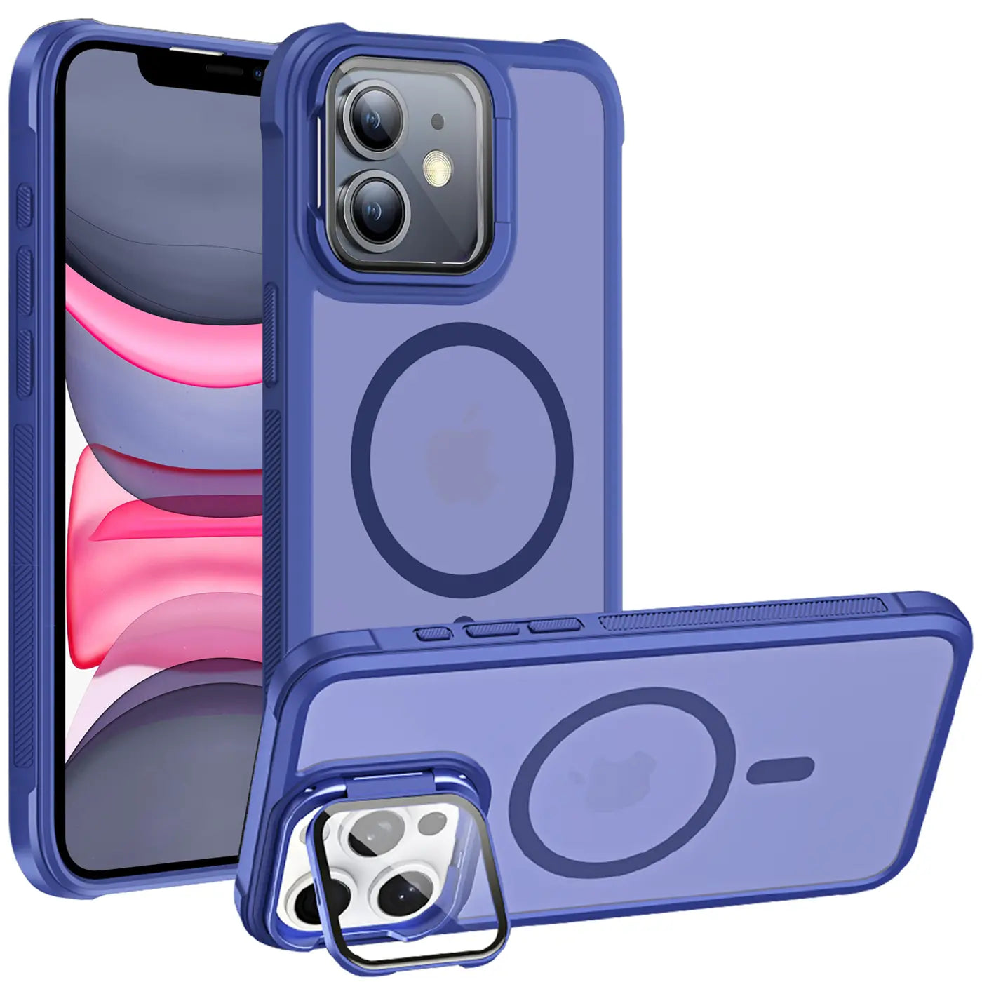 Blaue MagSafe Hülle aus Kunststoff mit integriertem Ständer und Kamera-Schutz für iPhone 11.