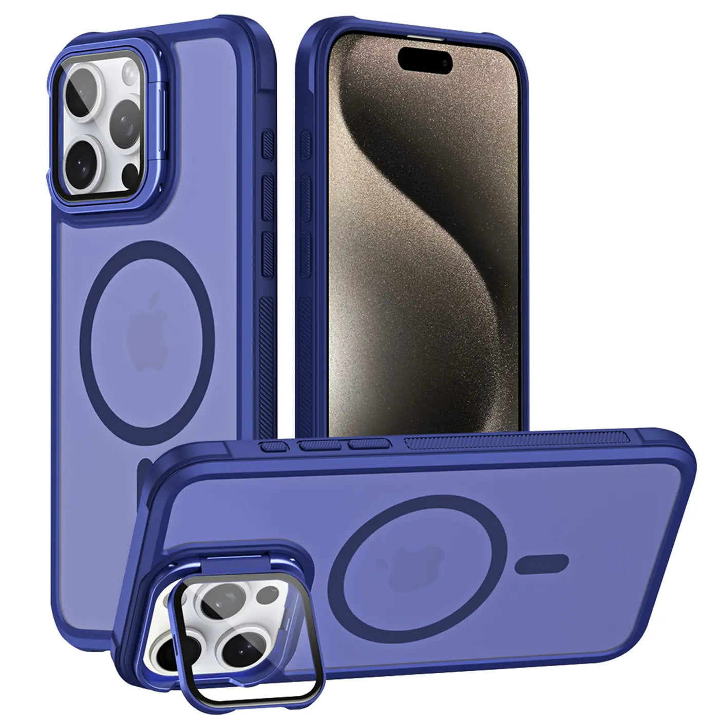 Blaue MagSafe Hülle aus Kunststoff für iPhone 11, mit Ständer und Kamera-Glas. Mehrere Ansichten.