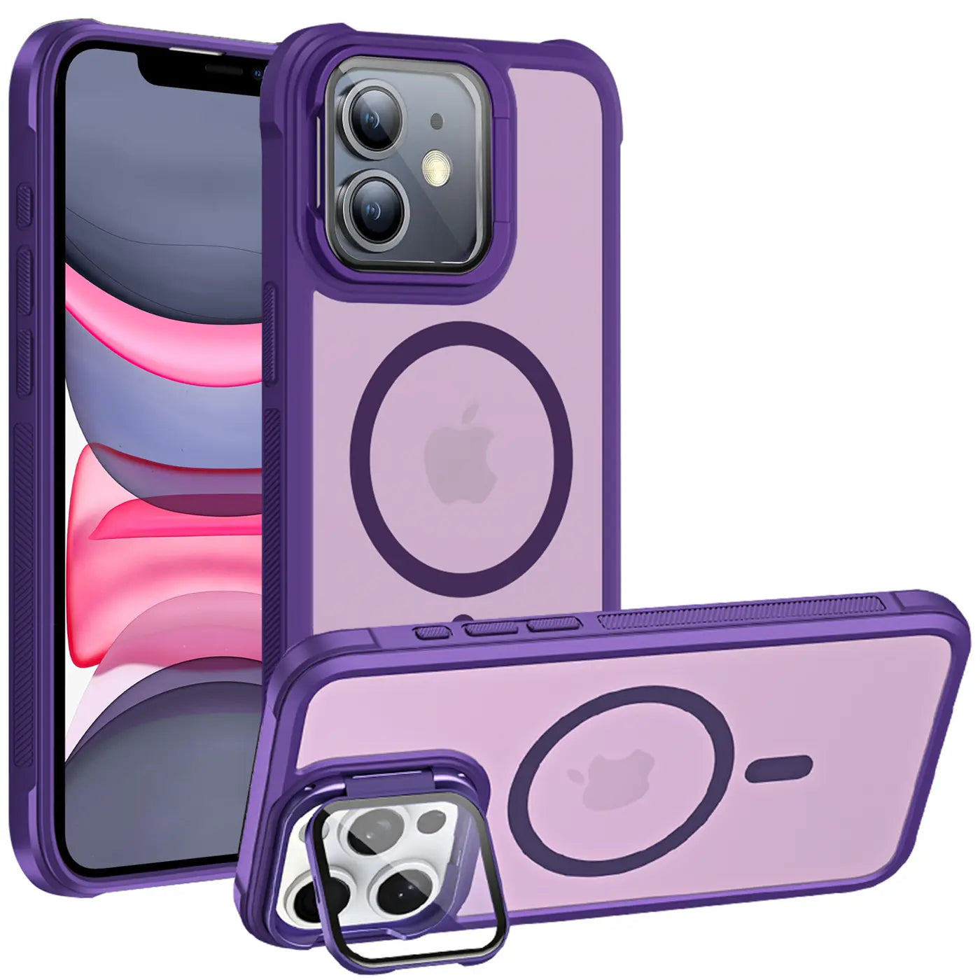 Lila MagSafe Hülle für iPhone 11, transparent, mit Ständer, aus Kunststoff.