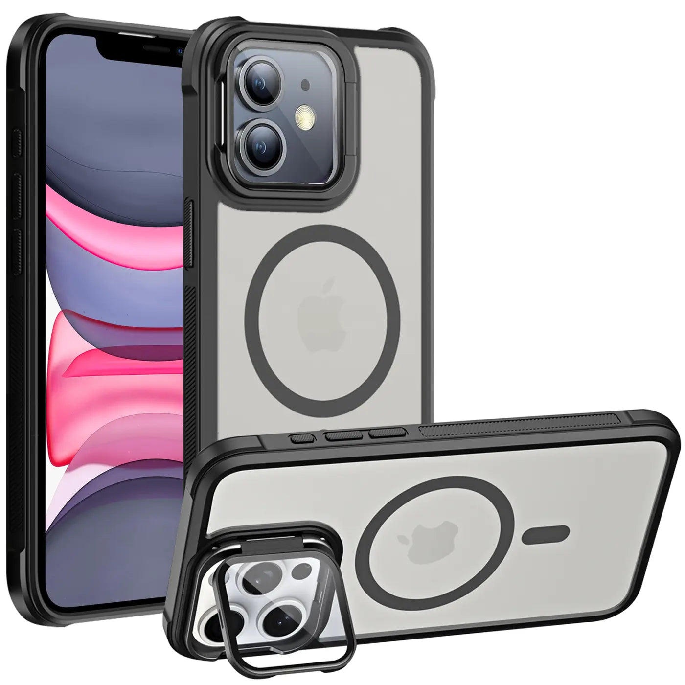 iPhone 11 Hülle, transparent, schwarz, MagSafe, Ständer, Kamera-Glas, aus verschiedenen Winkeln