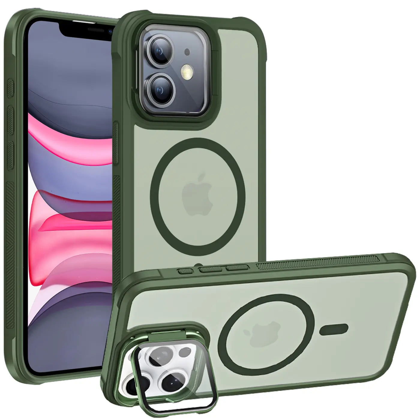 Grüne MagSafe Hülle für iPhone 12, transparent, mit Ständer, aus Kunststoff