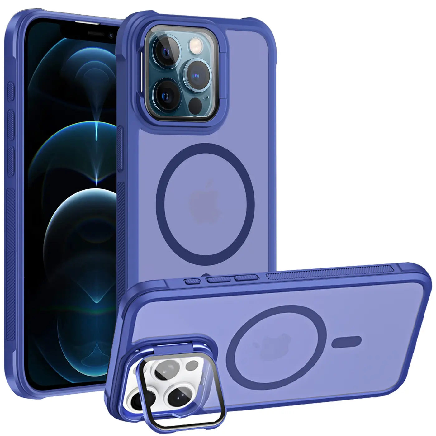 Blaue MagSafe Hülle mit integriertem Ständer für iPhone 12 Pro, aus Kunststoff.