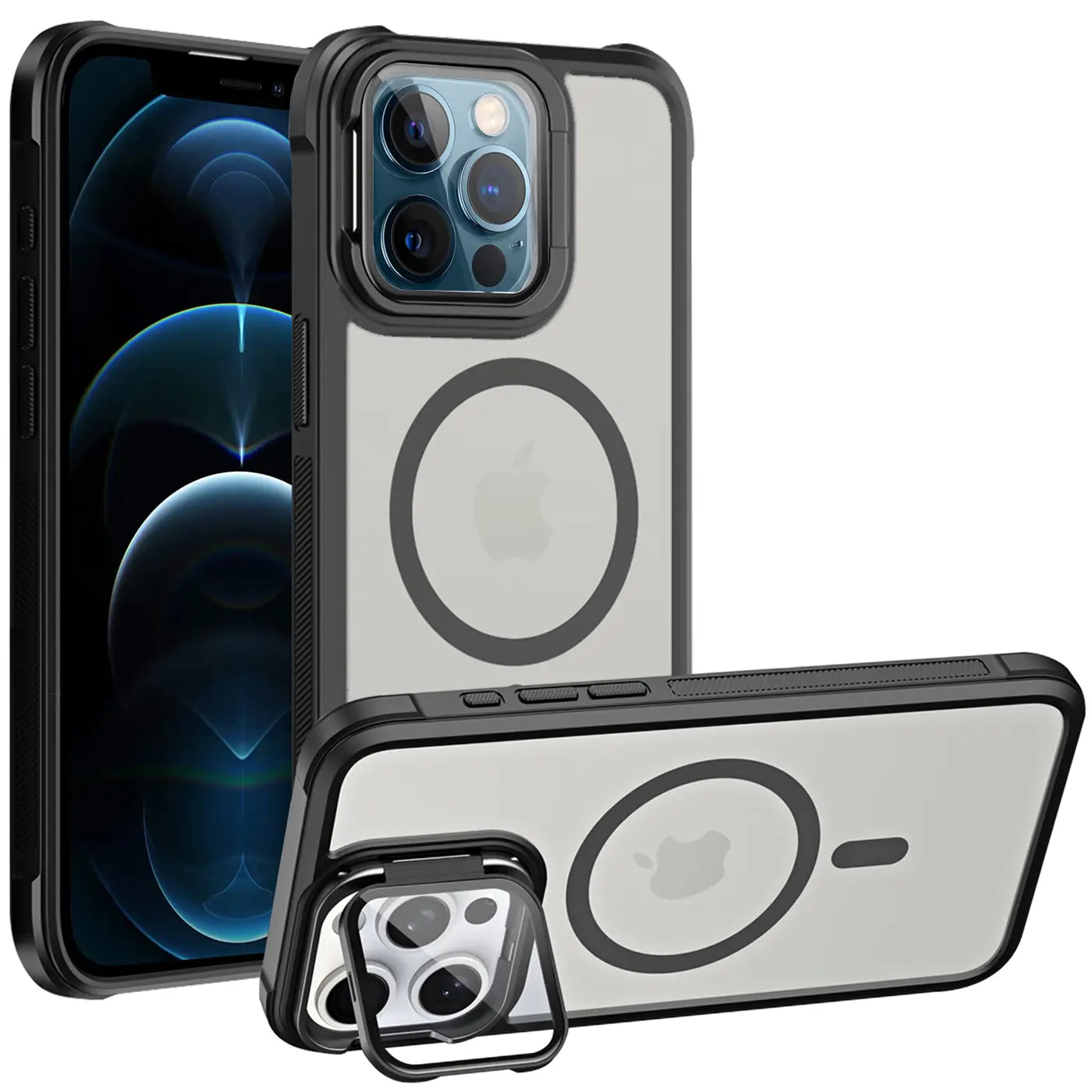iPhone 12 Pro Hülle, schwarz/transparent, MagSafe, Ständer, aus Kunststoff