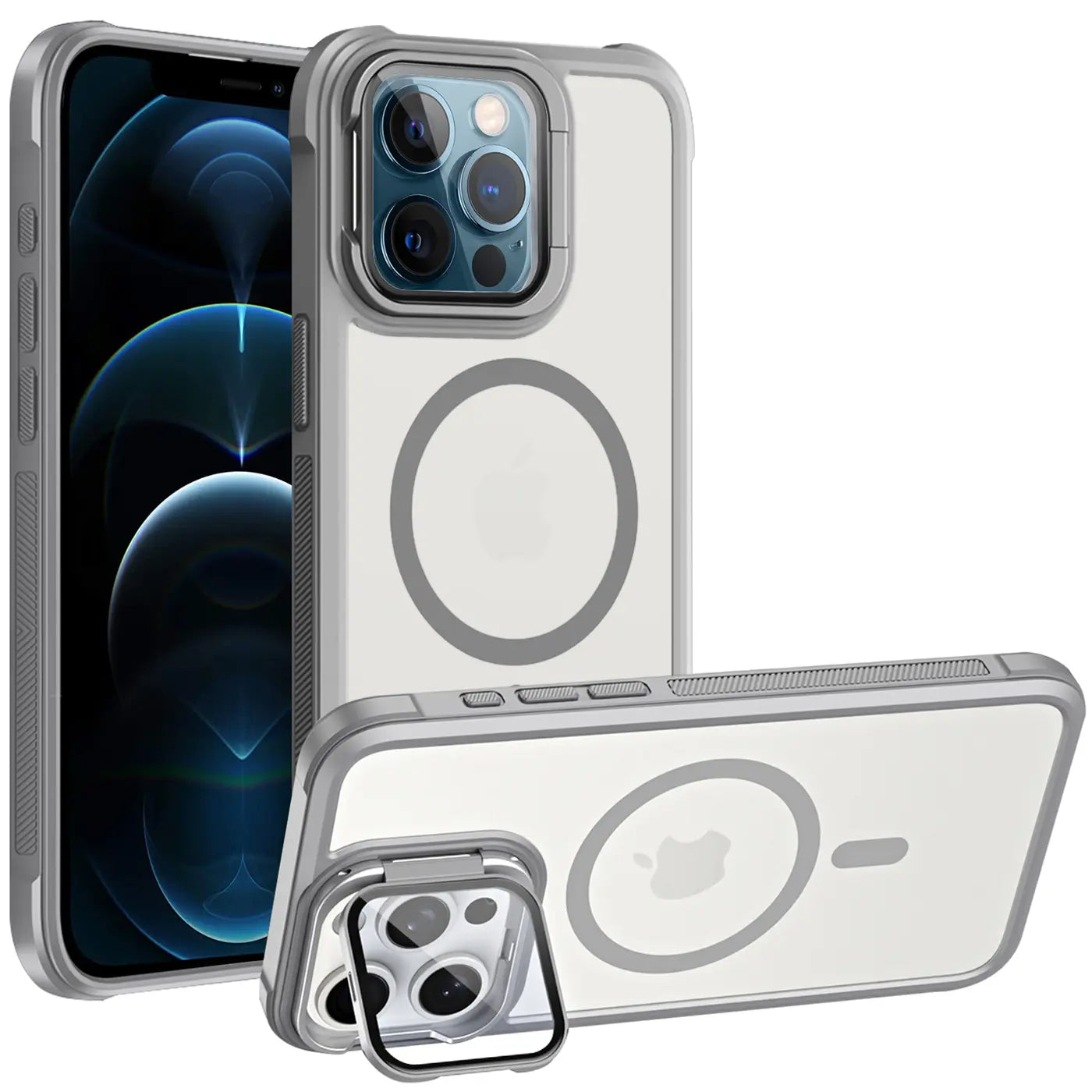 iPhone 12 Pro Hülle, transparent mit grauem Rahmen, MagSafe, Ständer