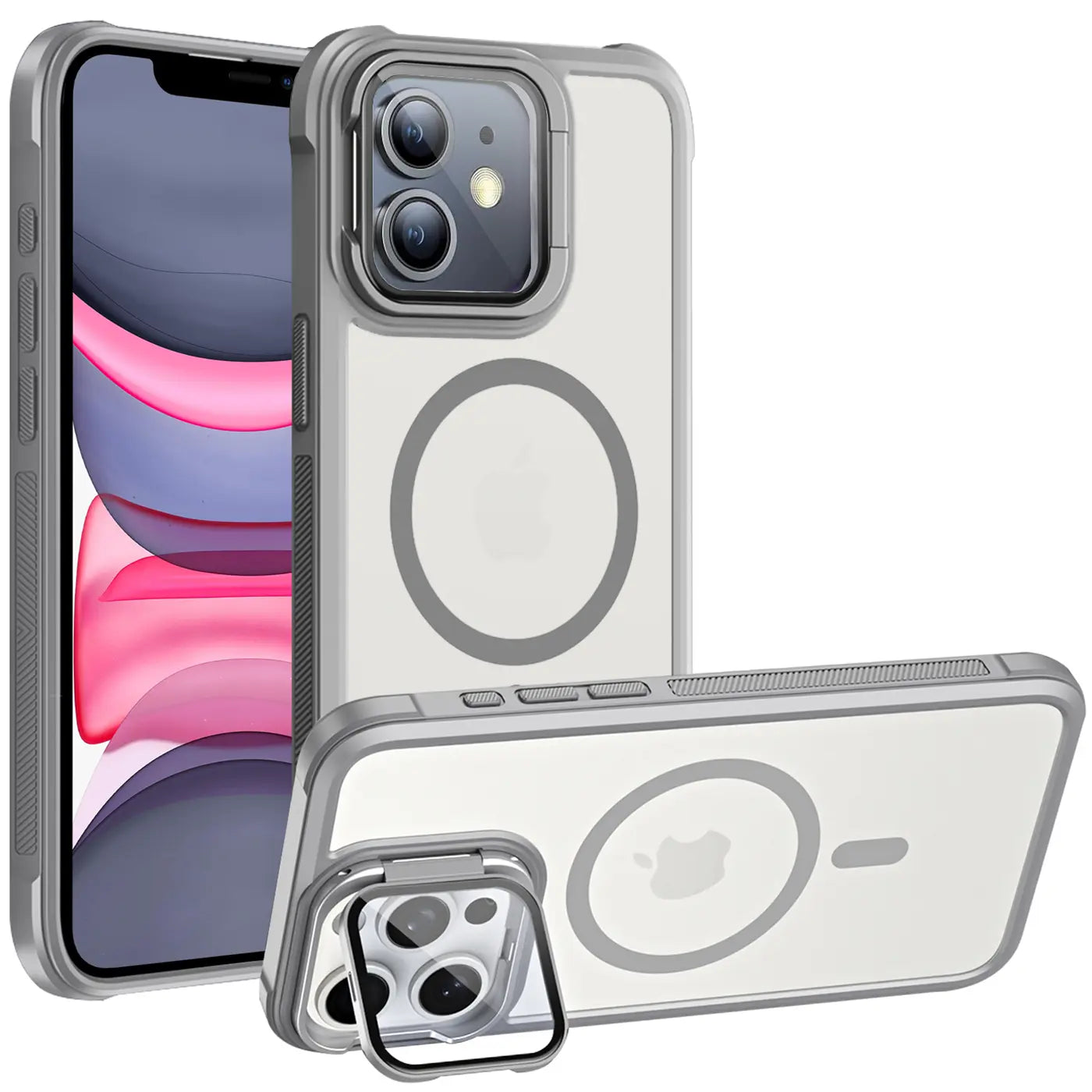 iPhone 12 Hülle, transparent, grau, MagSafe, Ständer, Kamera-Glas, aus verschiedenen Winkeln